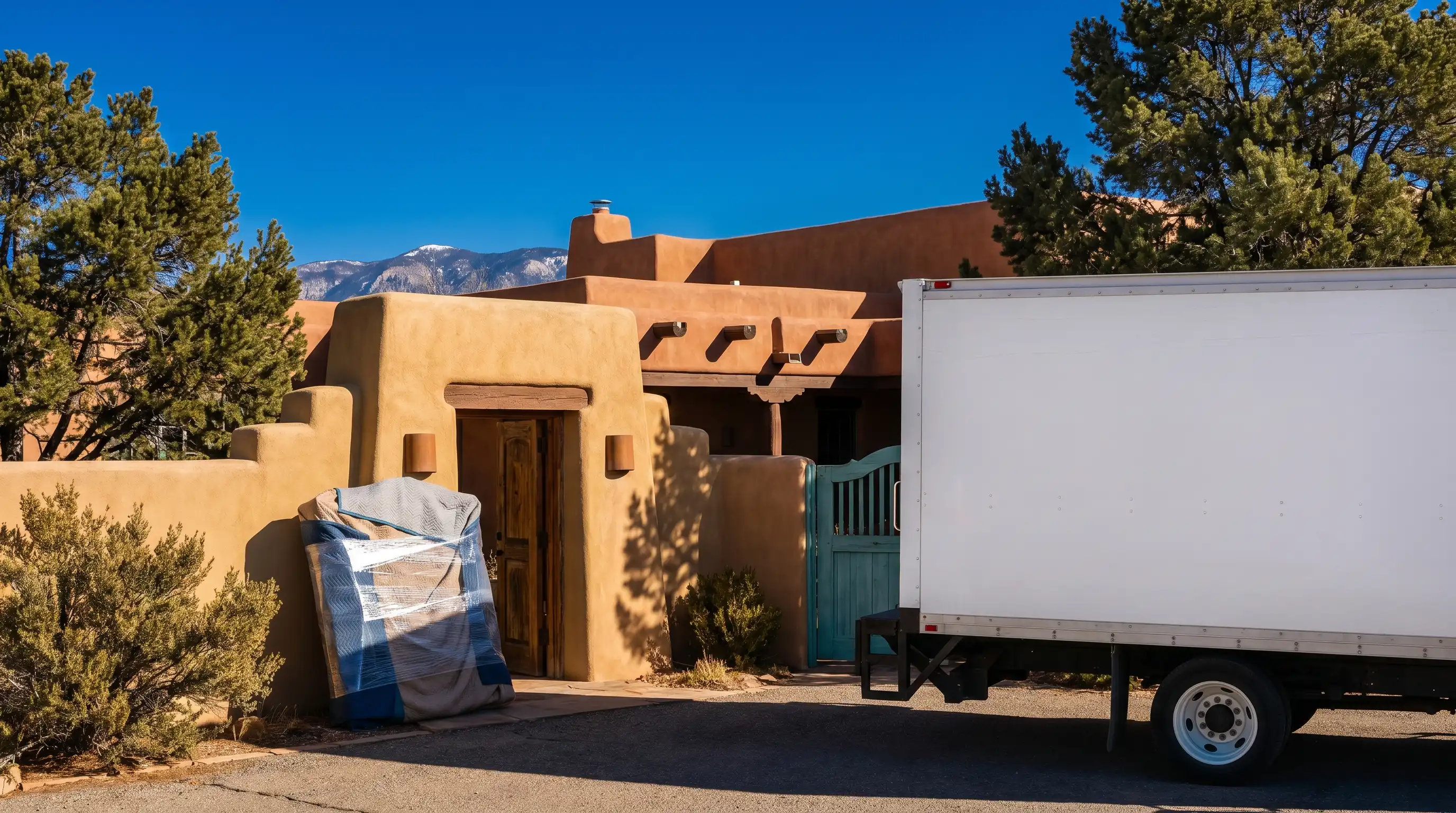 Two professional movers in branded uniforms carefully wrapping a large oil painting in a Santa Fe adobe living room with exposed vigas and Saltillo tile floors