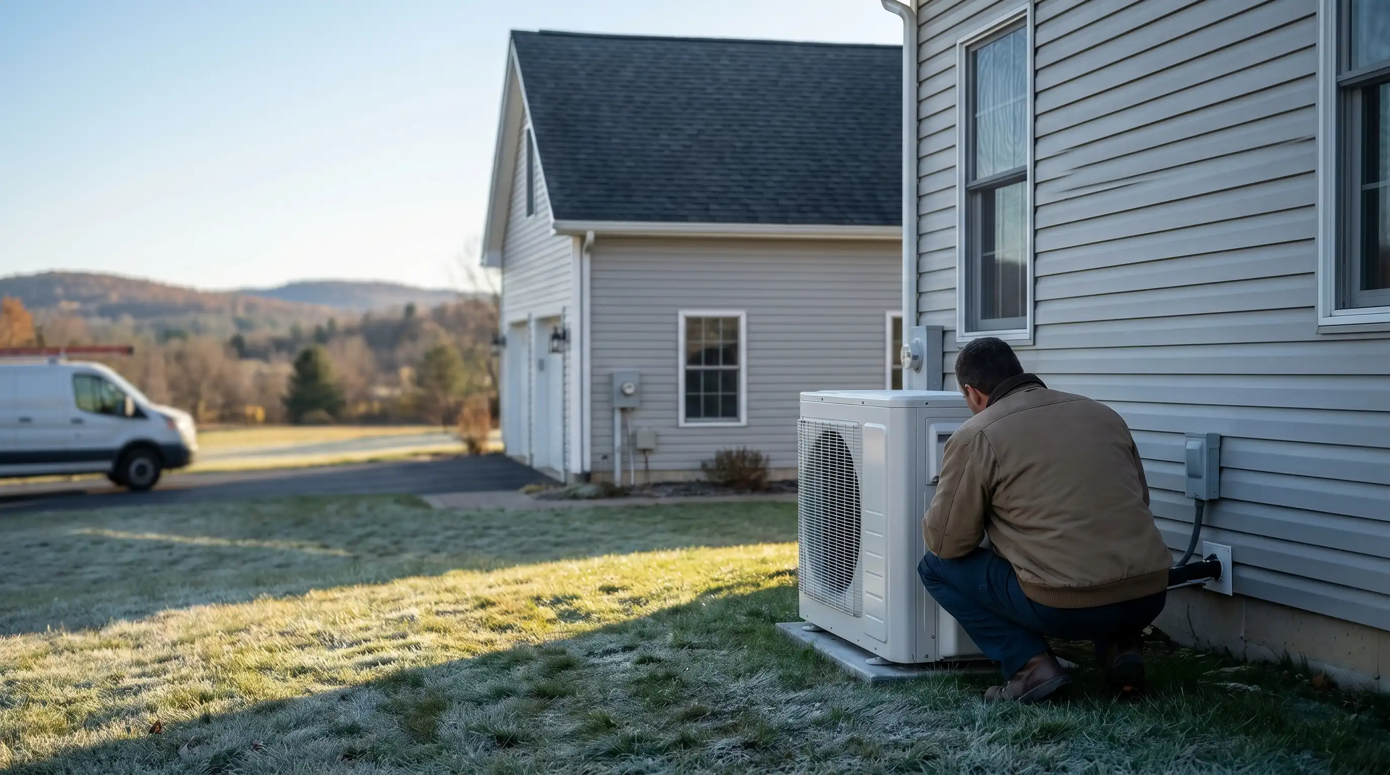 Professional HVAC technician working on outdoor condenser unit at a colonial home in Danbury, CT