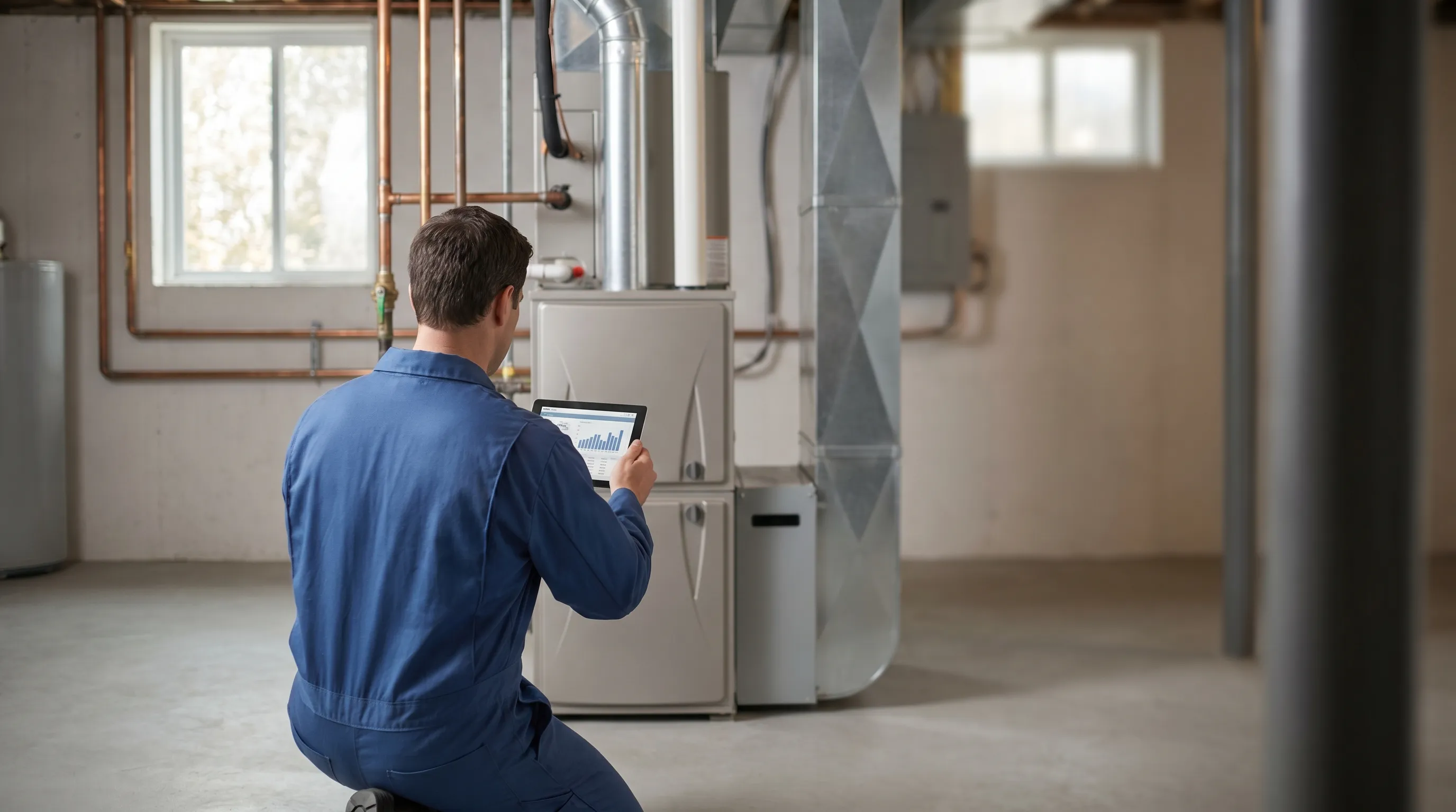 Professional HVAC technician working on outdoor condenser unit at a colonial home in Danbury, CT