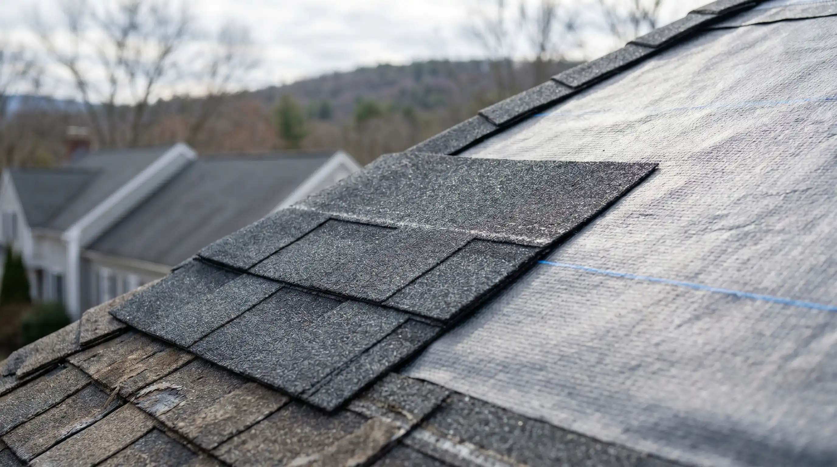 Professional roofing crew installing dark asphalt shingles on a two-story colonial home in Danbury, CT