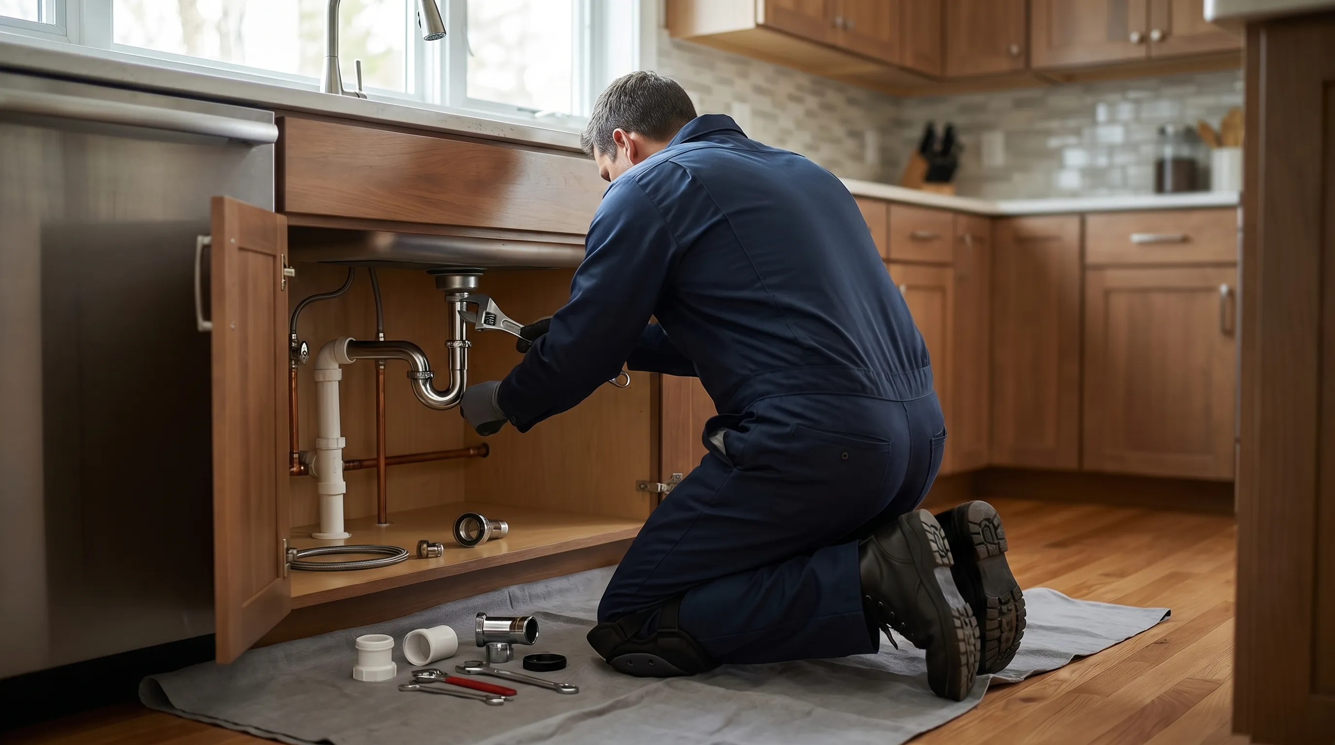 Licensed plumber in navy uniform repairing pipes beneath kitchen sink in a Danbury, CT home