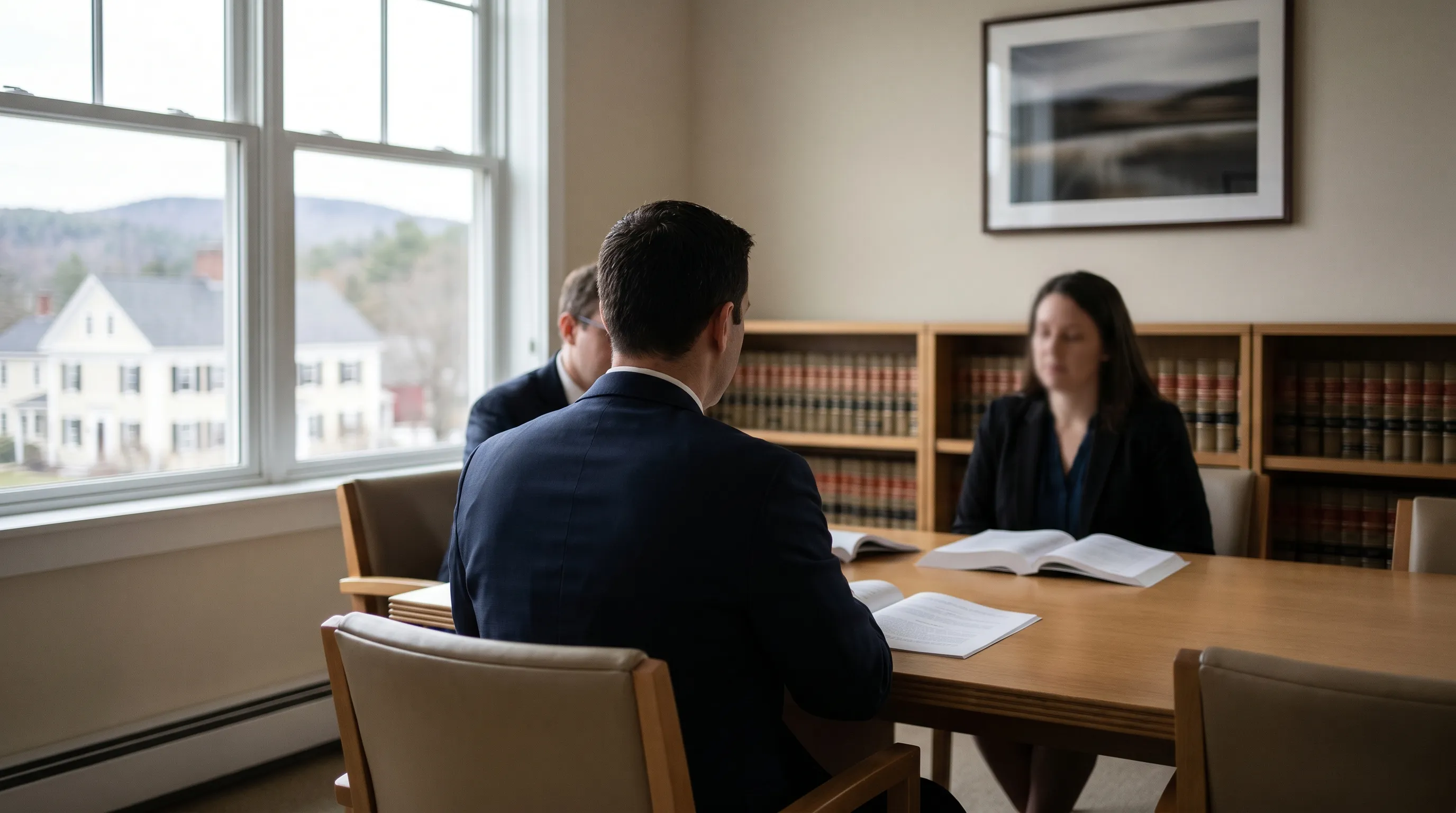 Professional attorney in dark suit meeting with clients in a modern law firm consultation room in downtown Danbury, CT