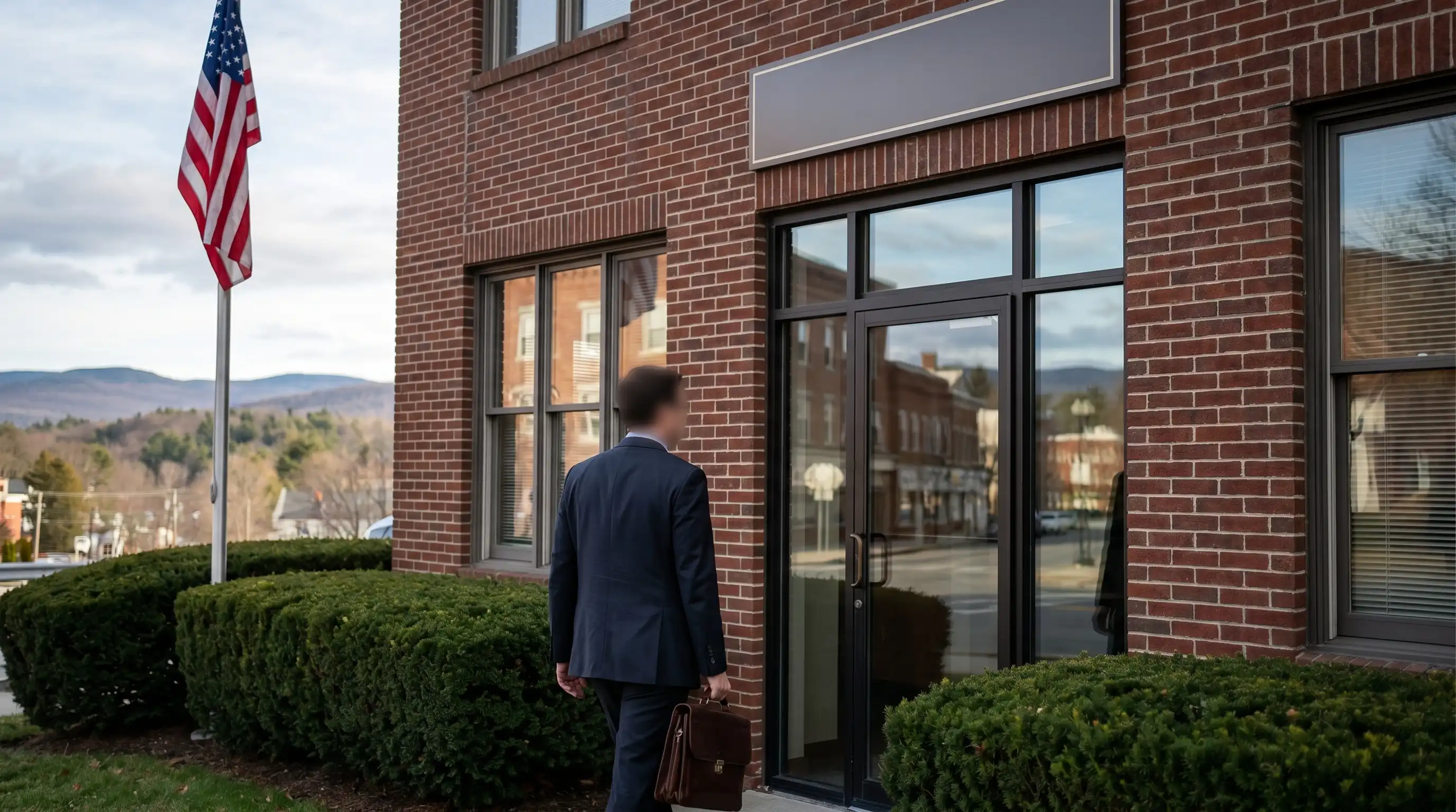Professional attorney in dark suit meeting with clients in a modern law firm consultation room in downtown Danbury, CT