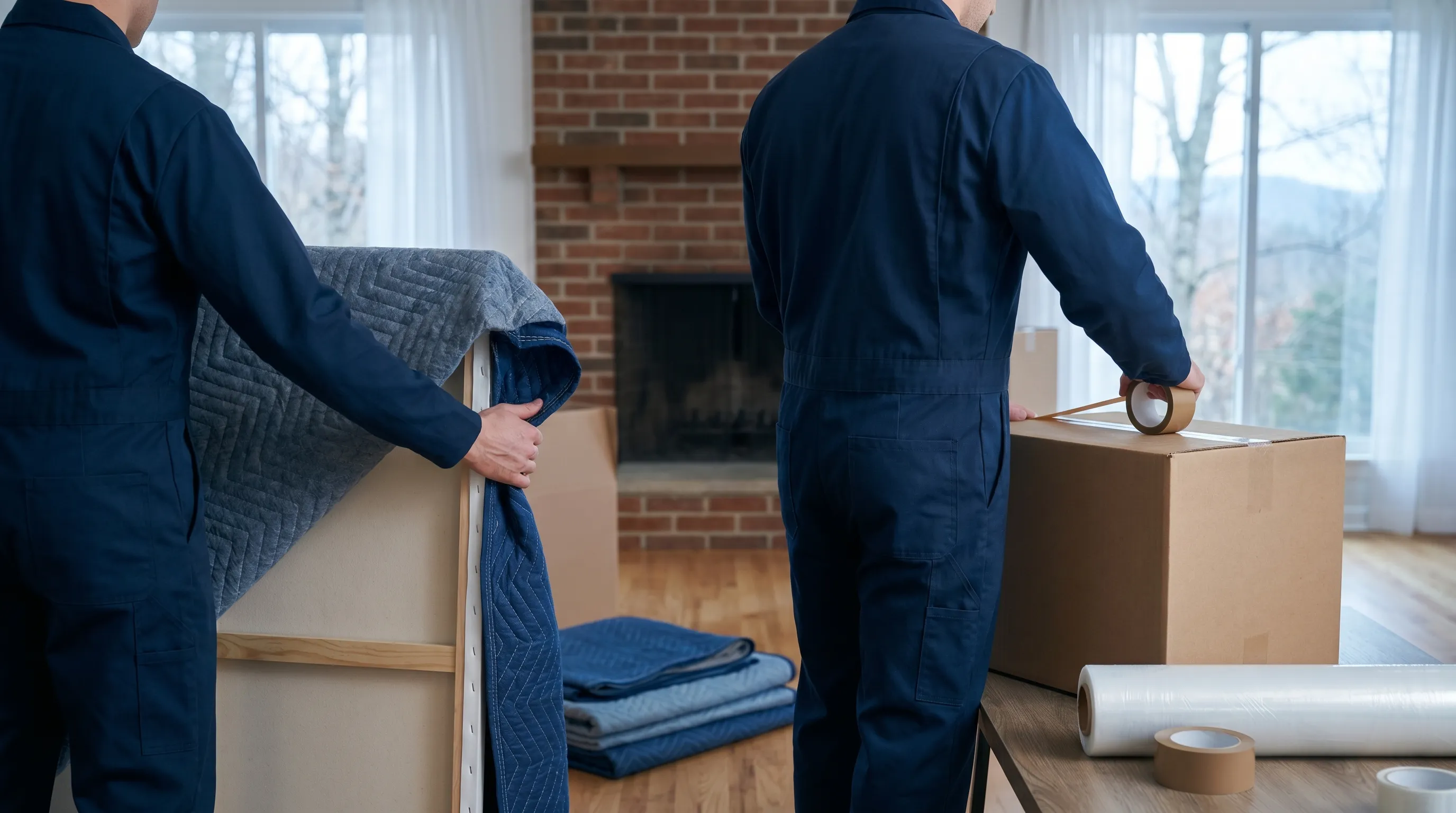 Professional movers in matching uniforms loading furniture into a branded moving truck outside a colonial home in Danbury, CT