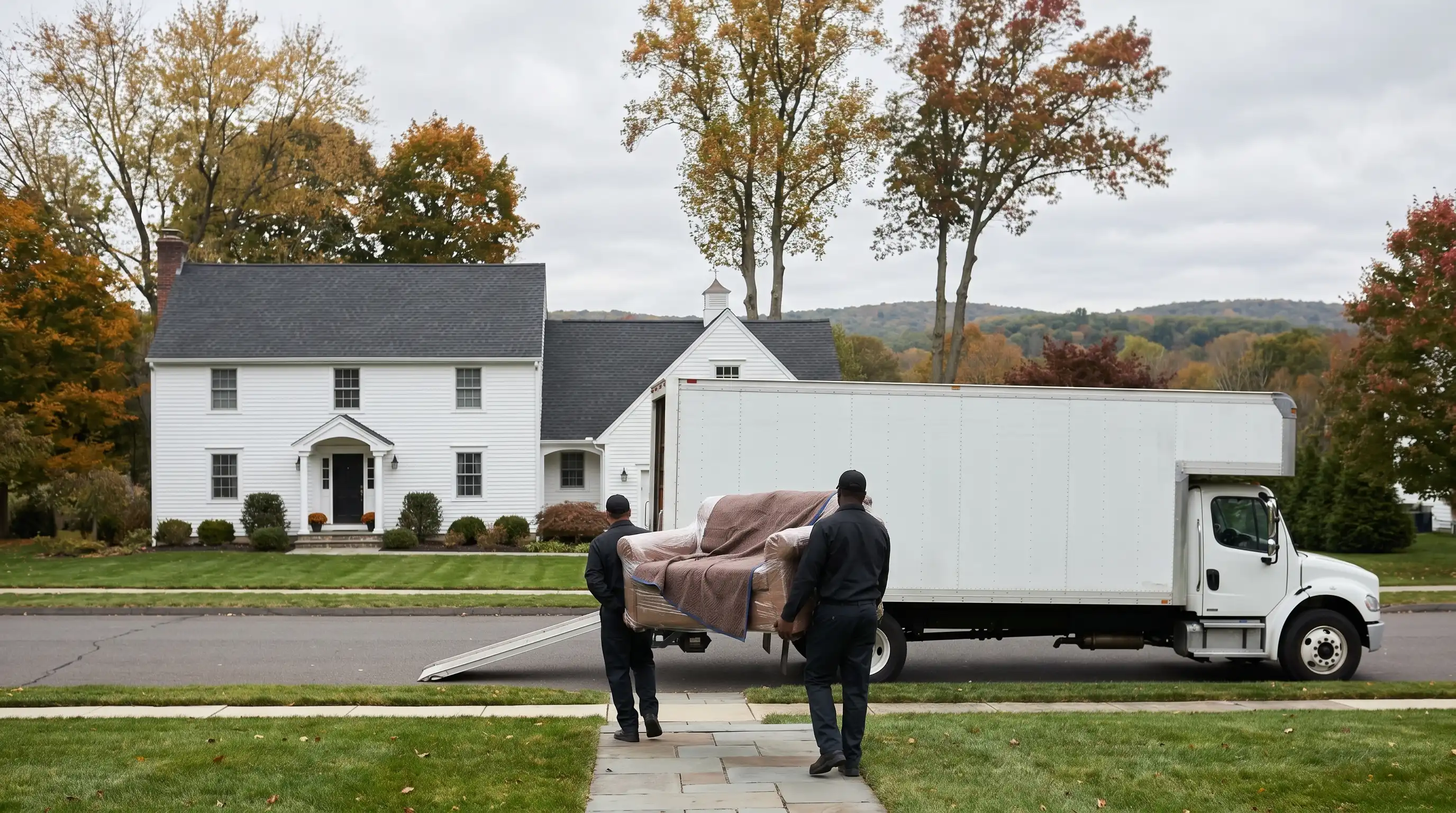 Professional movers in matching uniforms loading furniture into a branded moving truck outside a colonial home in Danbury, CT
