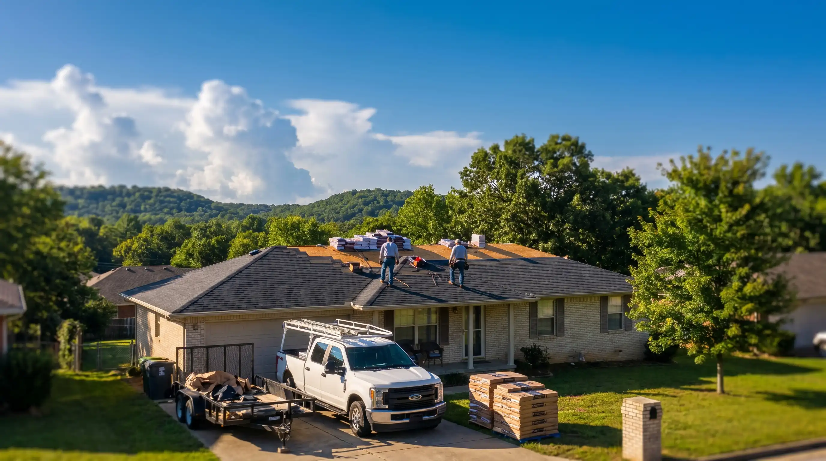 Professional roofing crew installing new shingles on a Springdale, AR residential home after storm damage