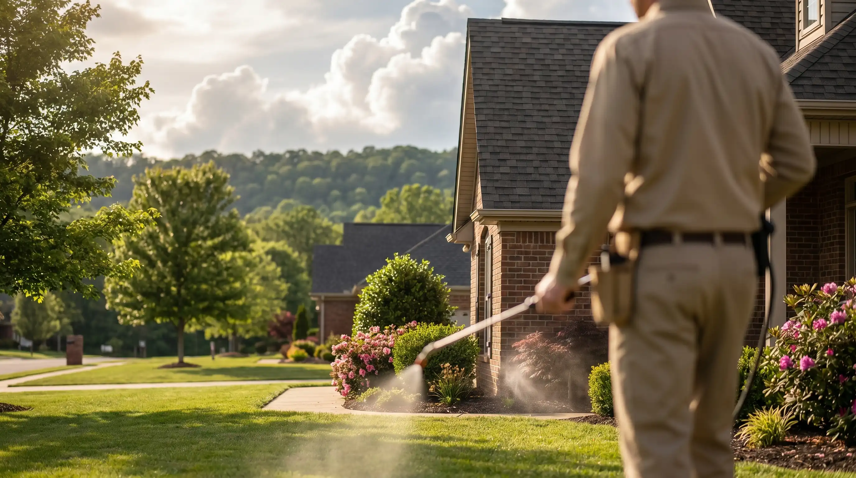 Pest control technician treating the foundation perimeter of a Springdale, AR residential home