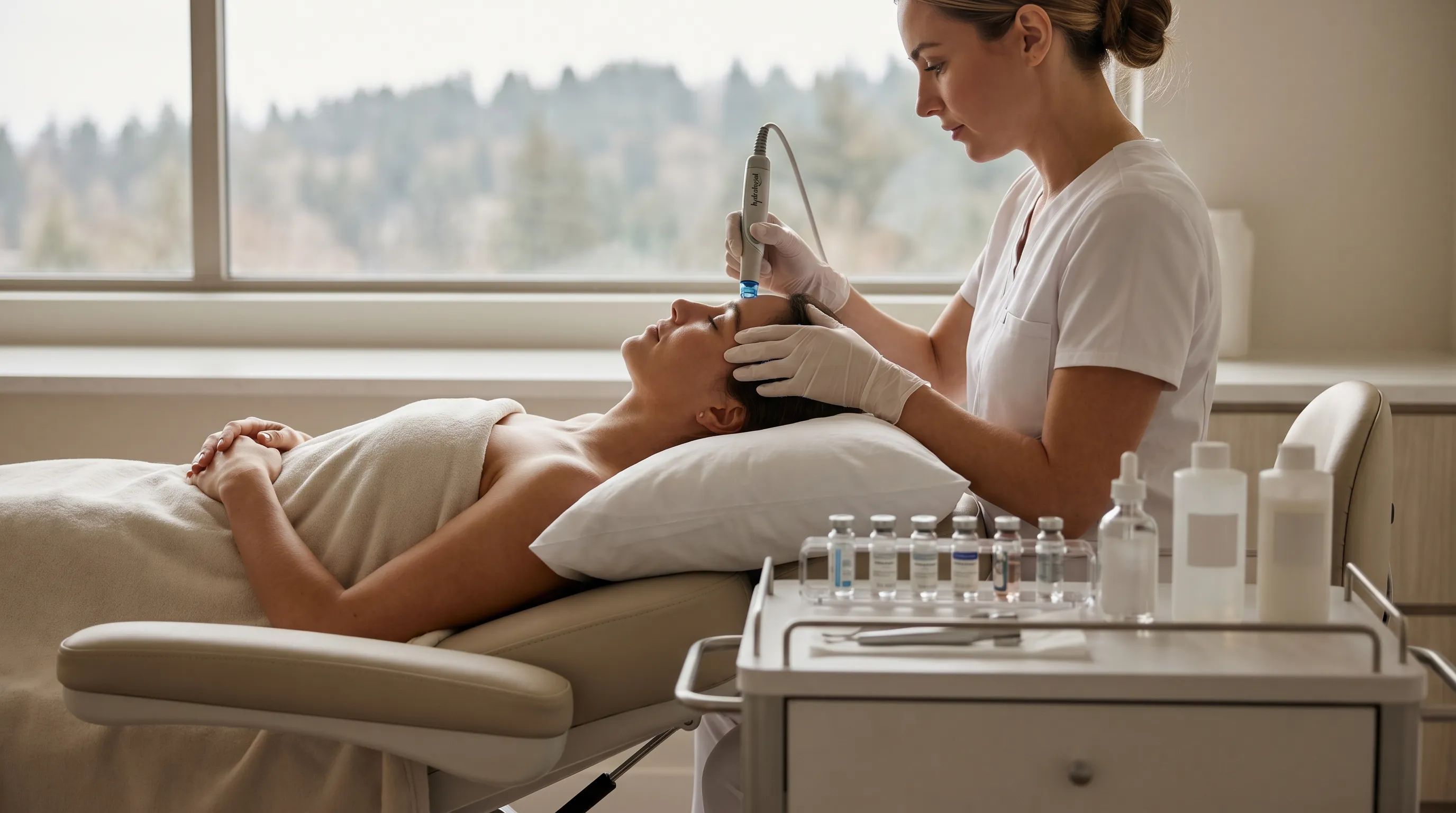 Aesthetician performing a HydraFacial treatment at a modern medspa in Springdale, AR