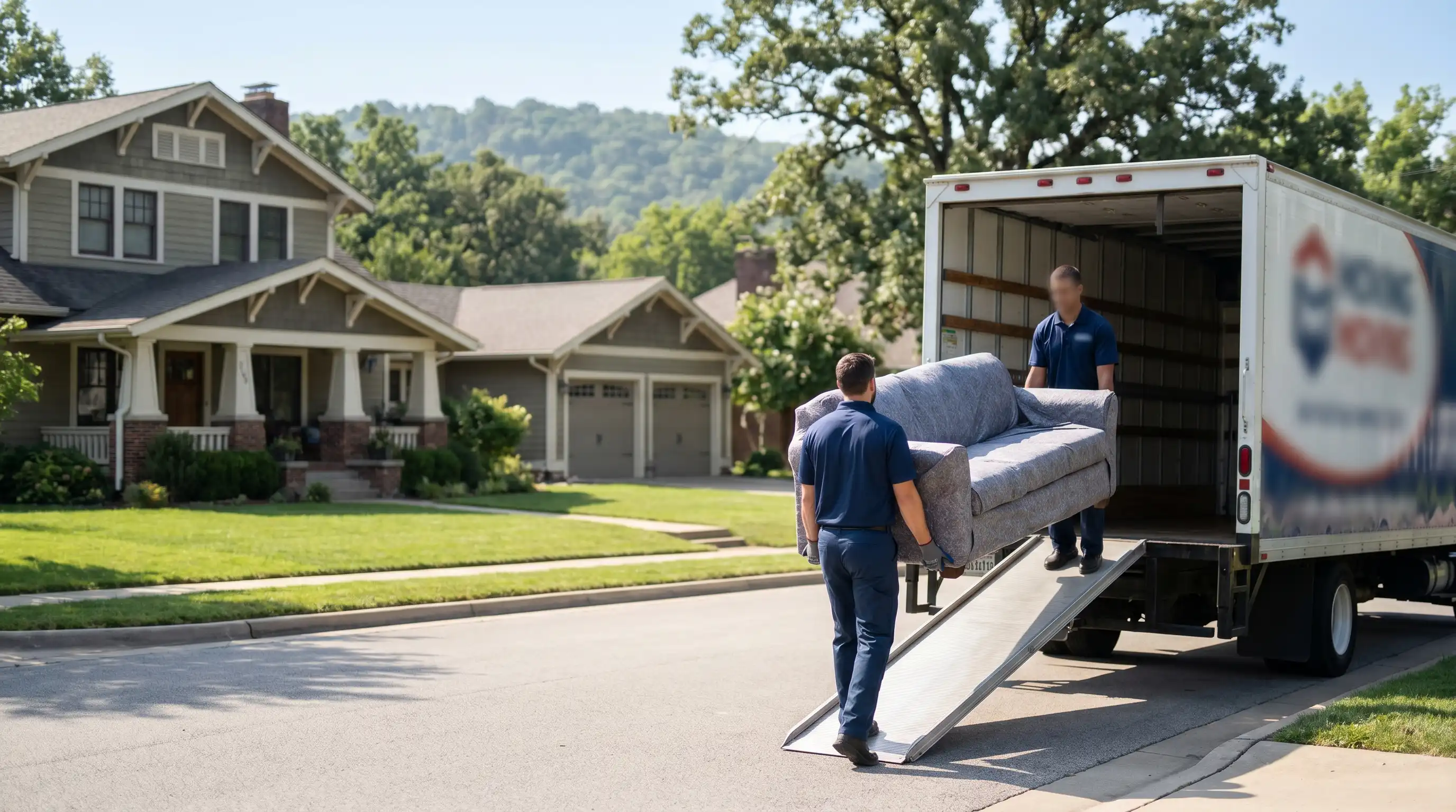 Professional moving crew loading a branded truck in front of a craftsman-style home in a Springdale, AR neighborhood