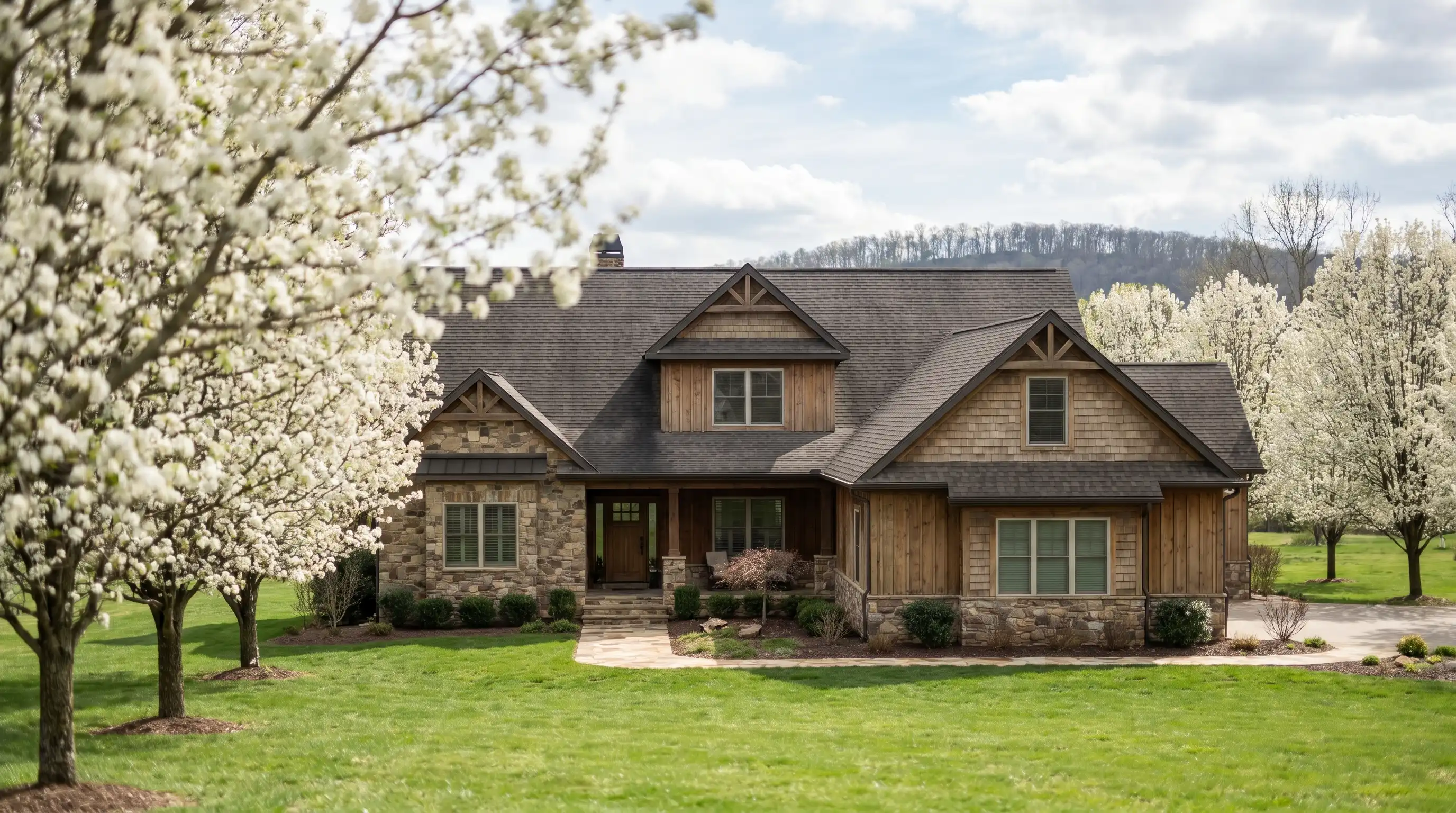 Real estate agent showing a craftsman-style home to a young couple in a Springdale, AR subdivision on a spring morning