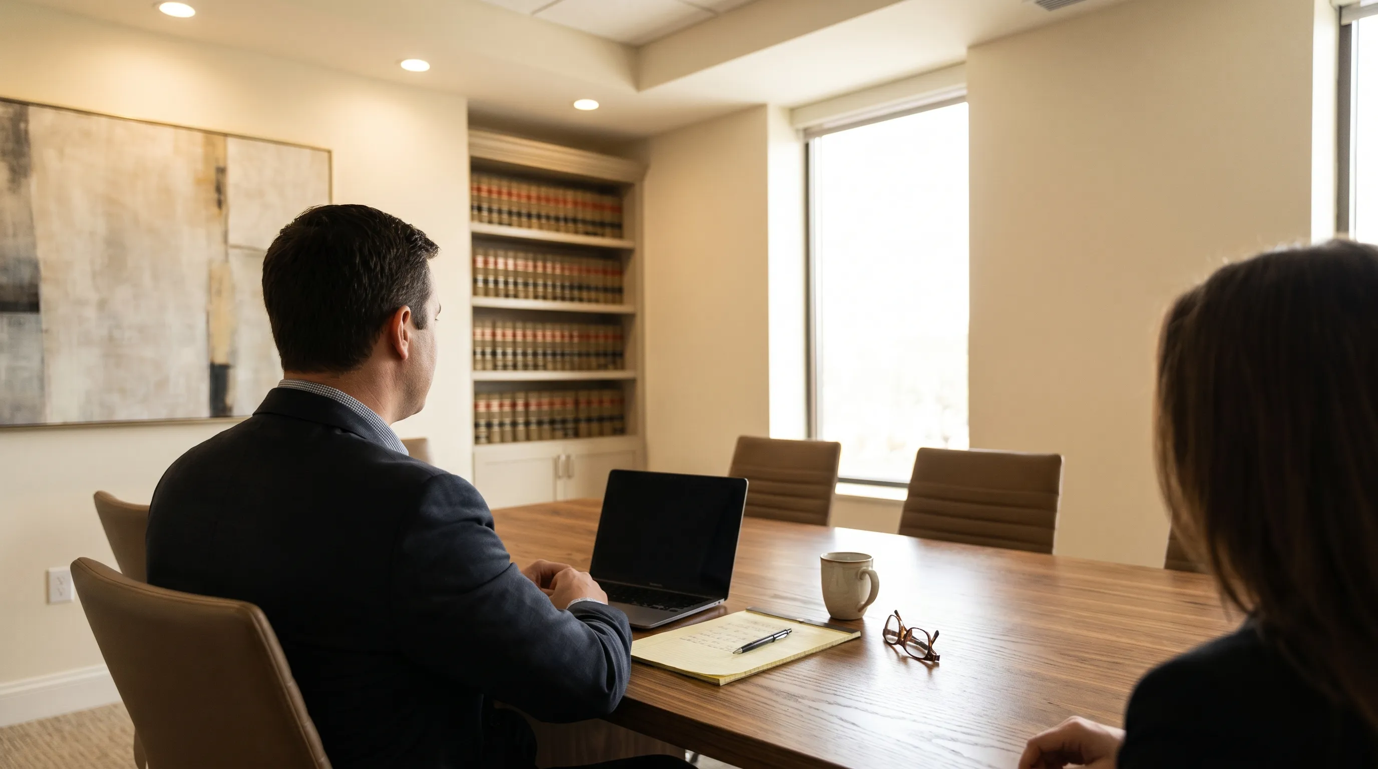 Attorney in business professional attire meeting with a client in a modern Springdale, AR law office consultation room
