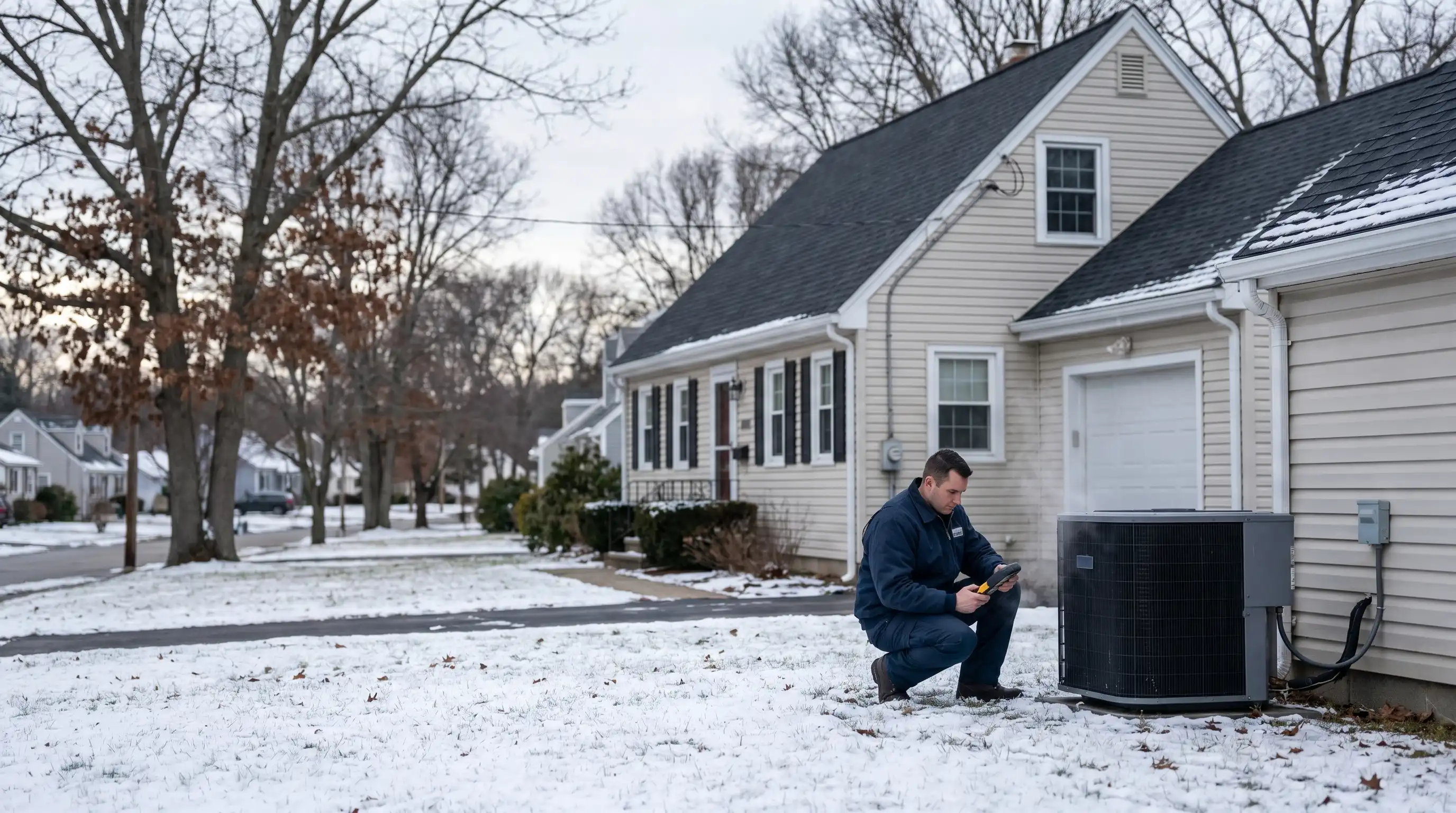 Professional HVAC technician diagnosing a heat pump unit outside a Cape Cod home in Cranston, RI