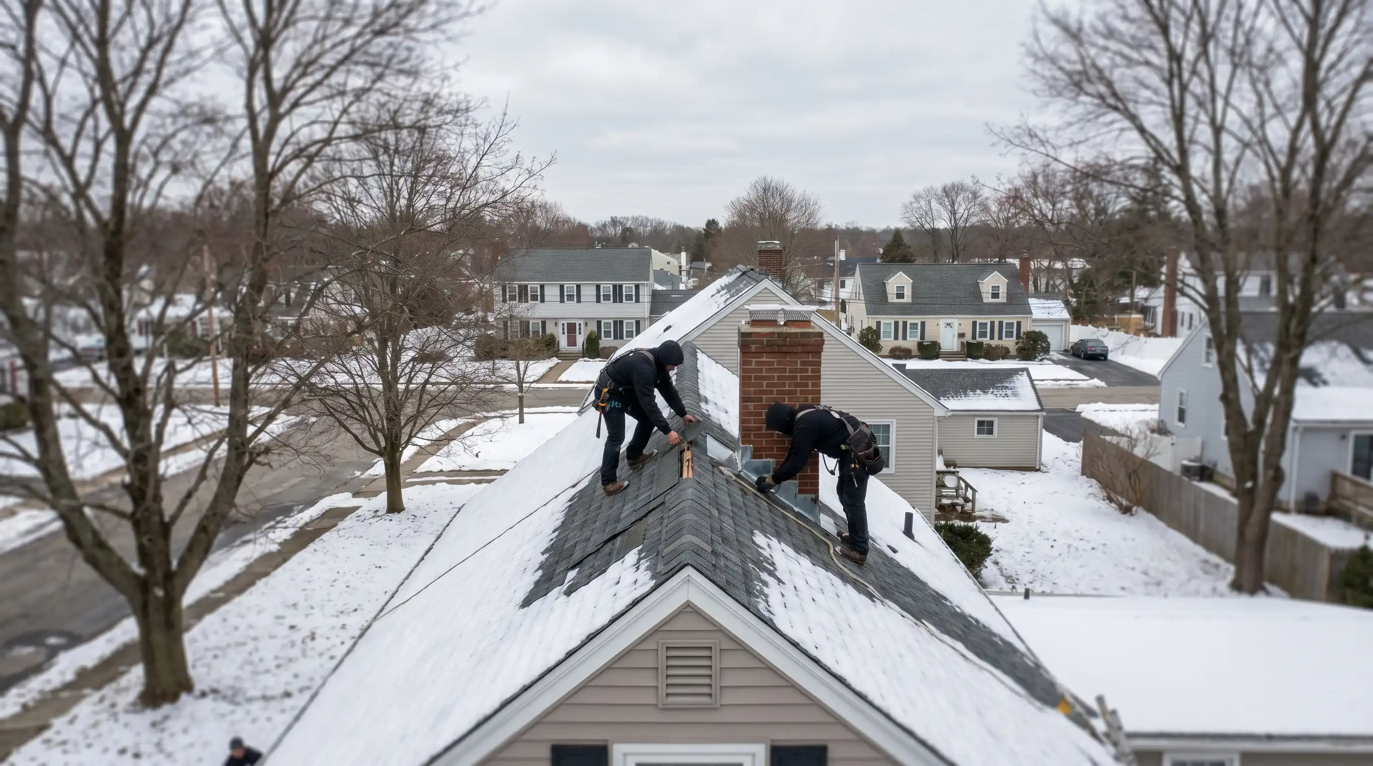 Professional roofers installing ice and water shield on a colonial home in Cranston, RI during winter