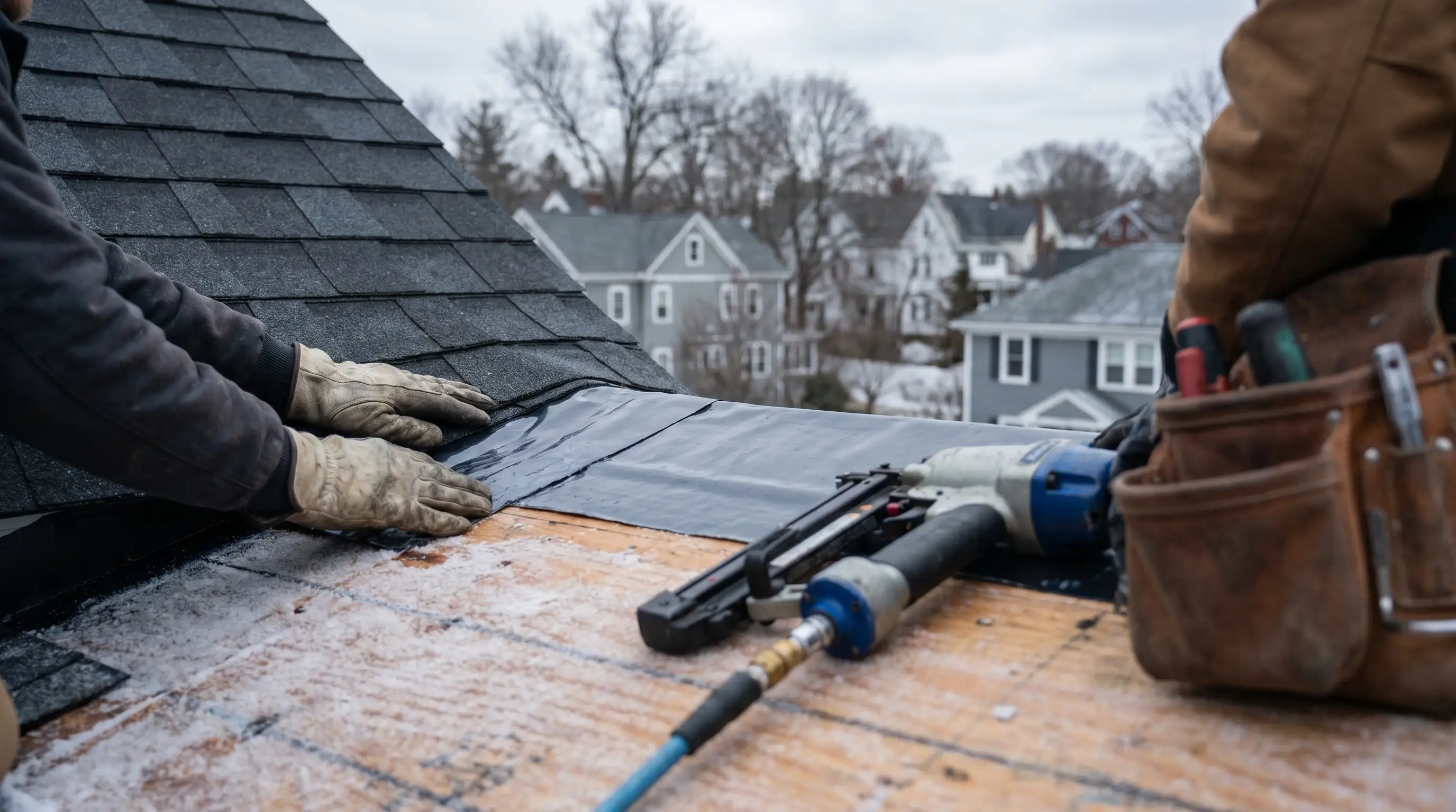 Professional roofers installing ice and water shield on a colonial home in Cranston, RI during winter