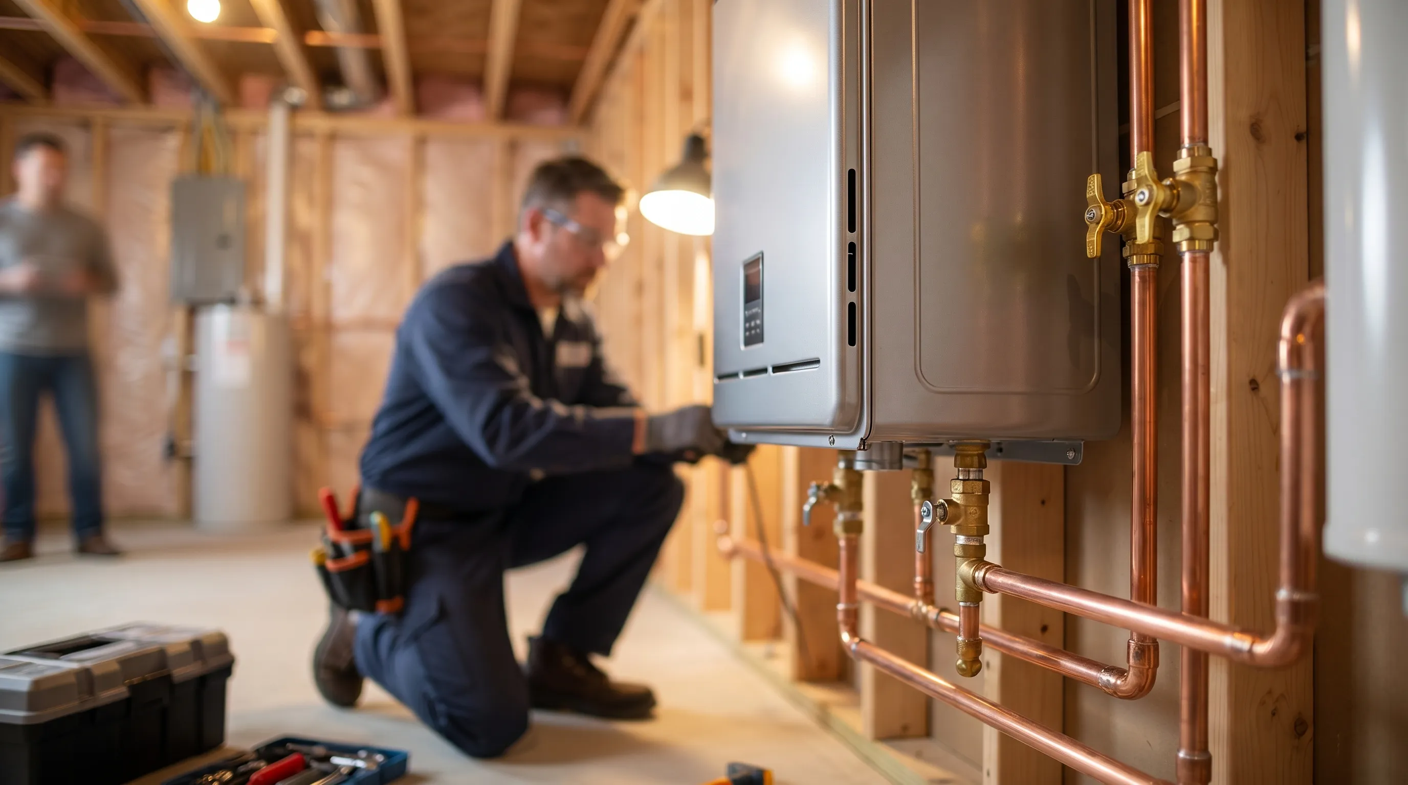 Professional plumber installing a tankless water heater in a basement mechanical room in Cranston, RI