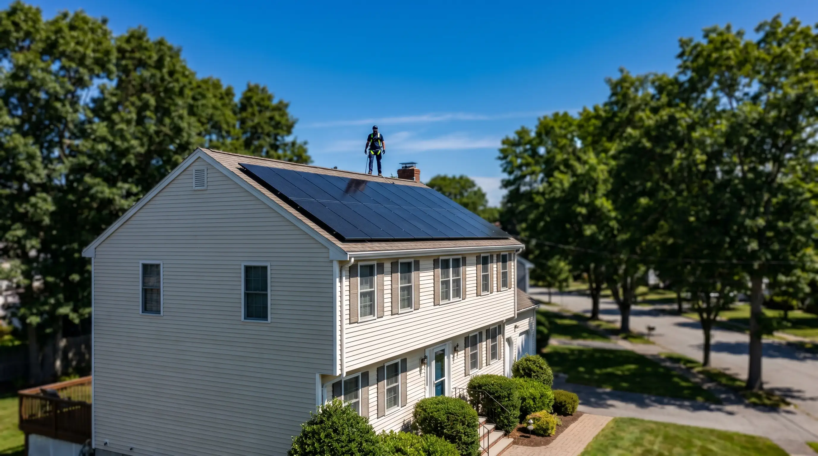 Solar installer in safety harness on a Cranston, RI colonial rooftop with freshly installed monocrystalline solar panels under a clear blue sky