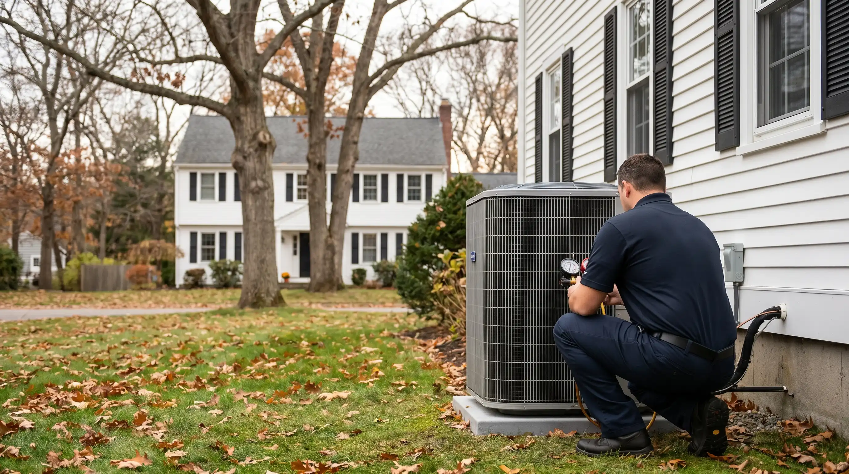 HVAC technician inspecting a new heat pump unit beside a white colonial home in Warwick, RI