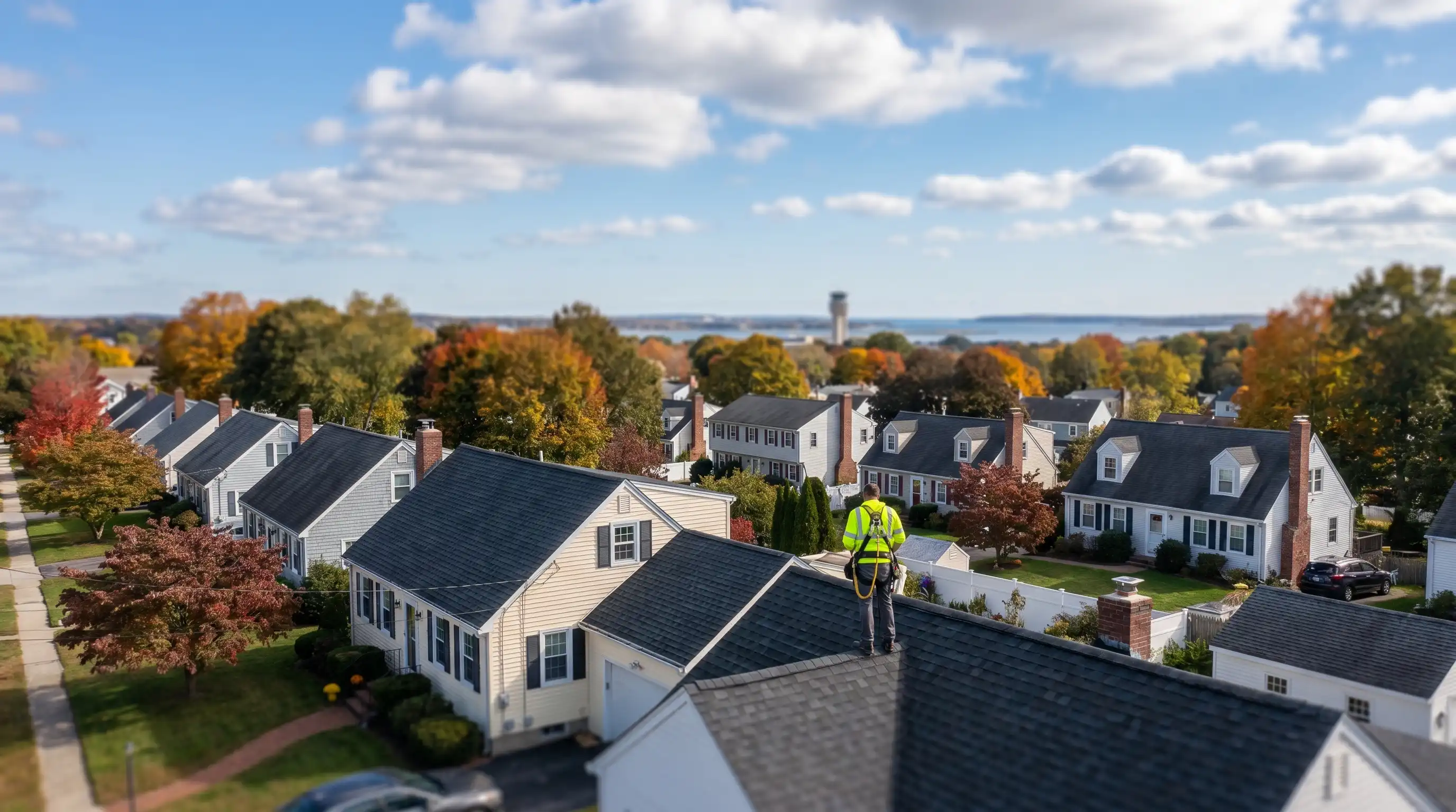 Roofing contractor installing architectural shingles on a pitched New England cape-style home in Warwick, RI