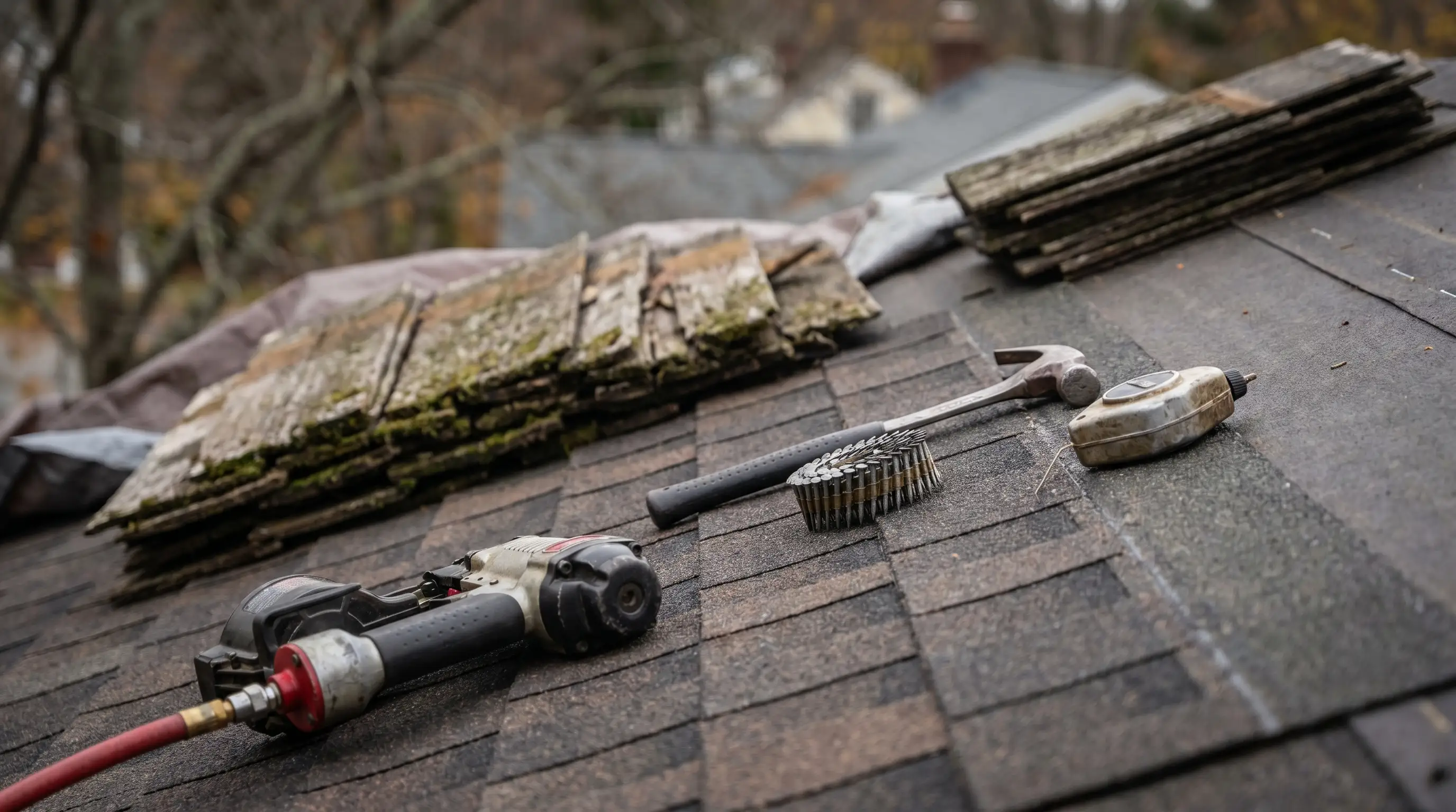 Roofing contractor installing architectural shingles on a pitched New England cape-style home in Warwick, RI