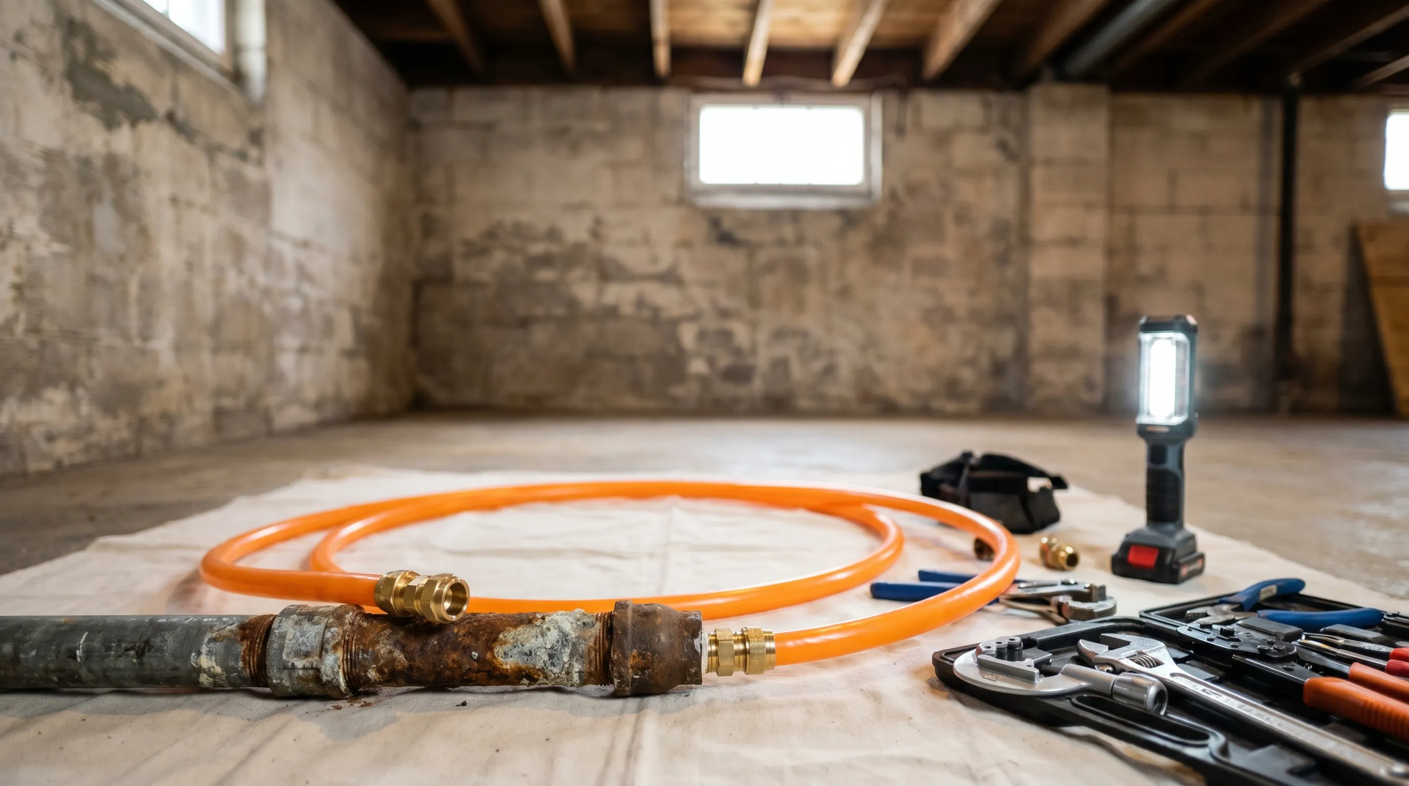 Plumber replacing corroded galvanized pipe with modern PEX tubing in a Warwick, RI home basement