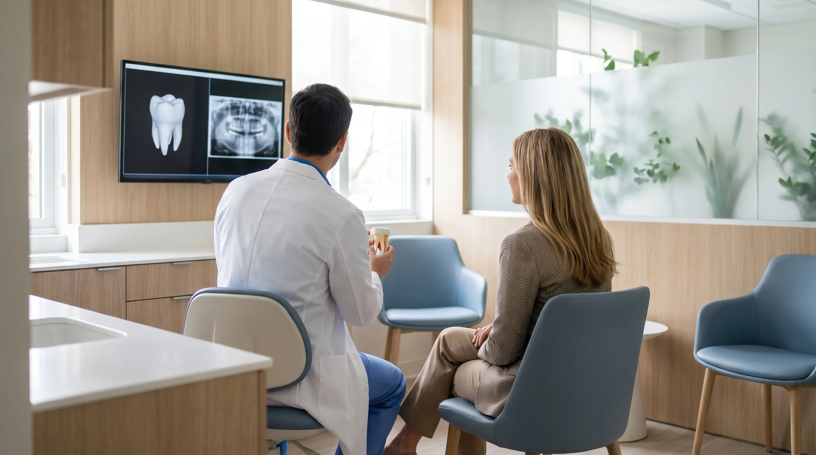 Dentist consulting with a patient in a modern suburban dental office in Warwick, RI