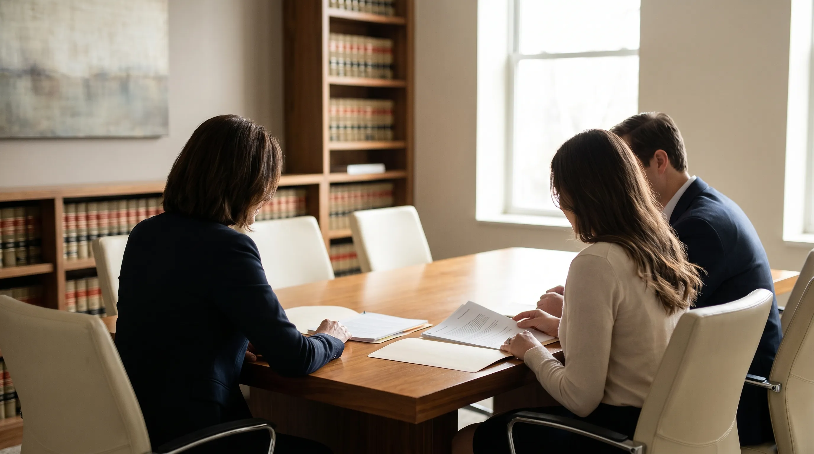 Professional attorney sitting with clients in a consultation room at a Warwick, RI law office