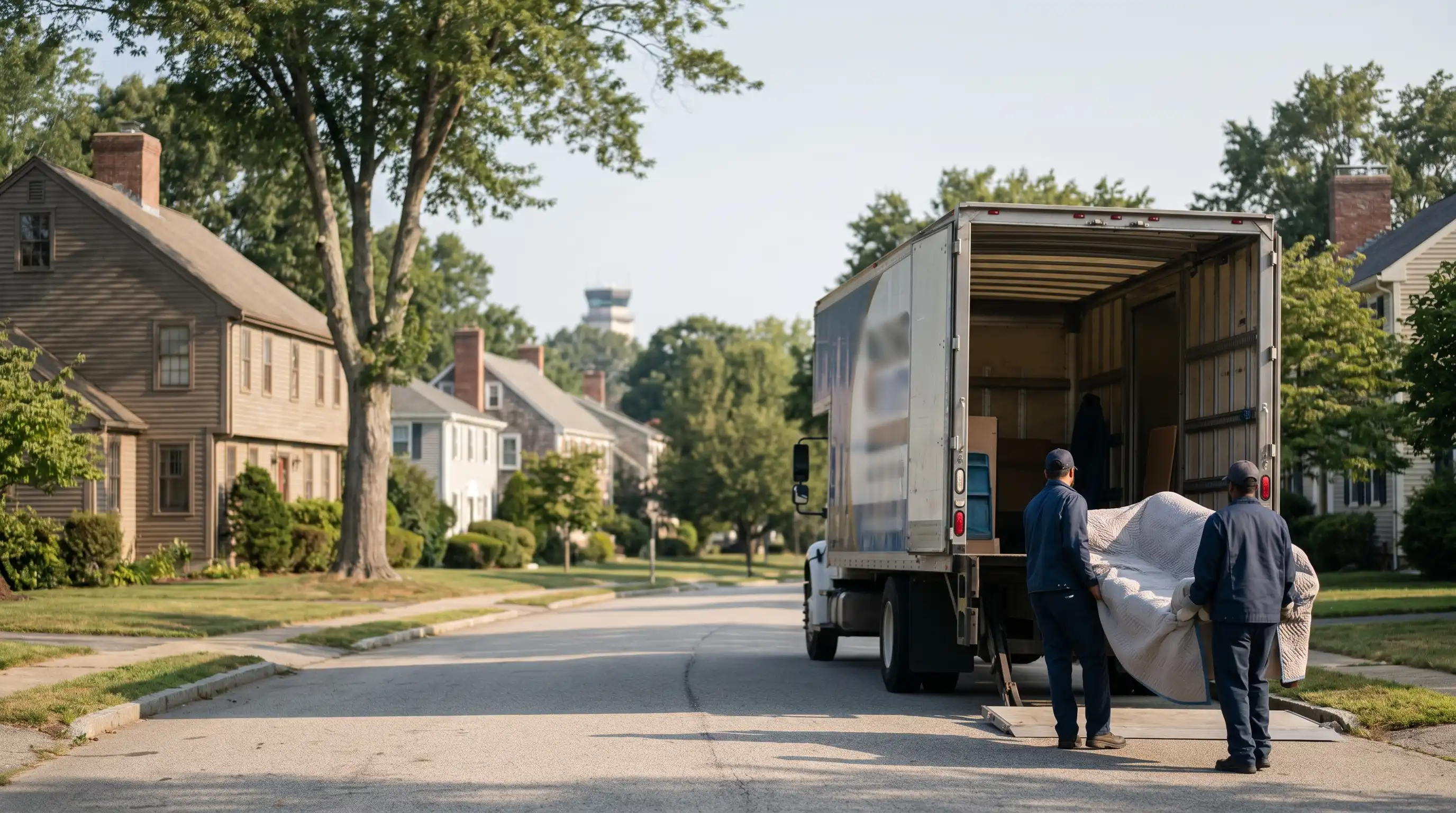 Uniformed moving crew loading furniture into a branded moving truck on a residential street in Warwick, RI with T.F. Green Airport visible in the background