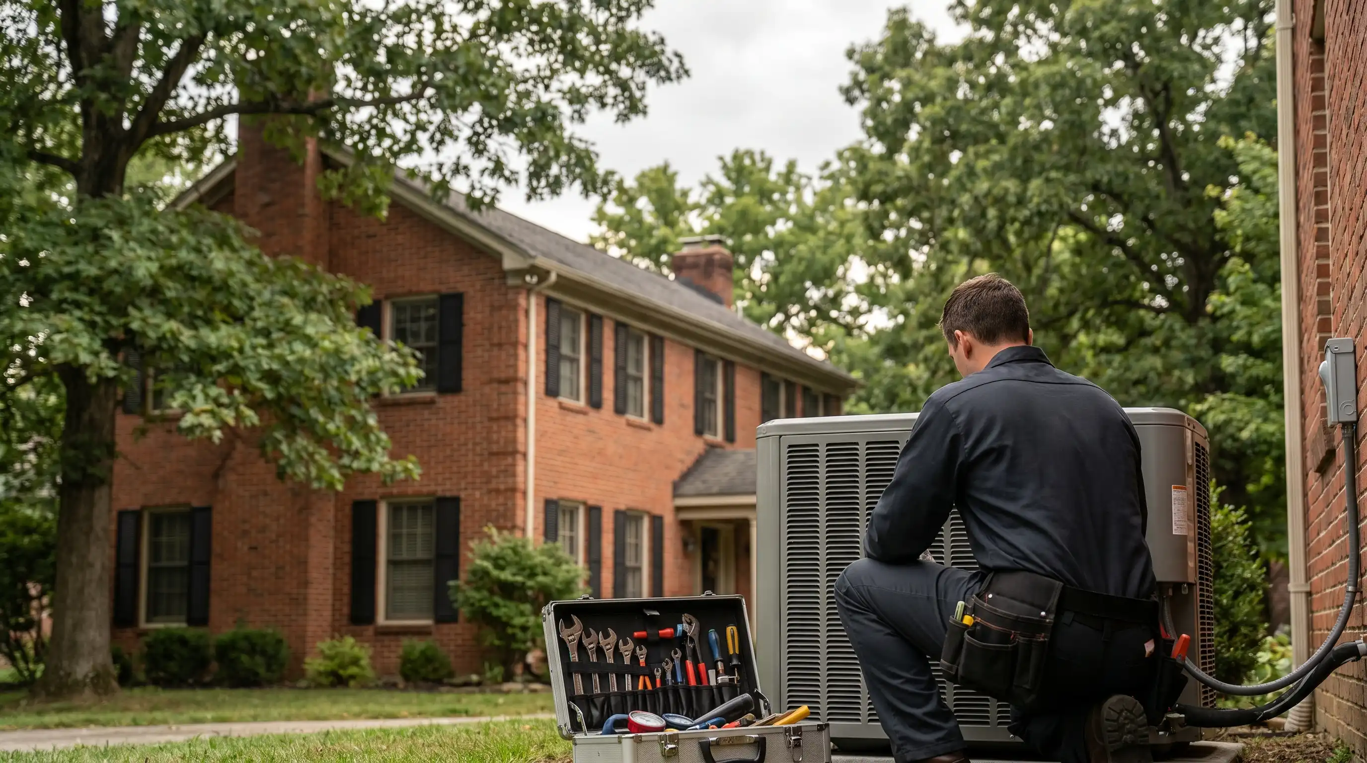 HVAC technician inspecting gas furnace in Bloomington, IN residential utility room