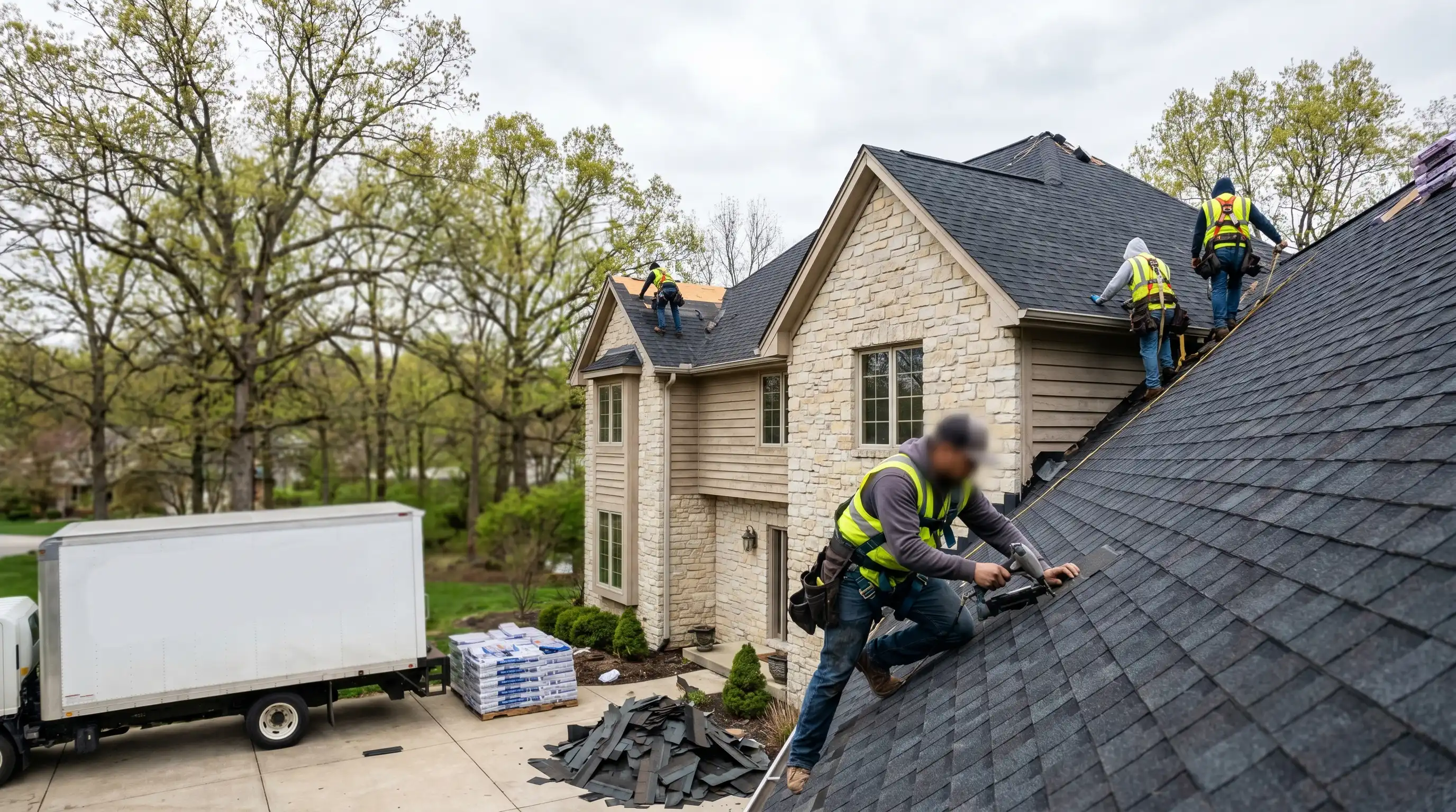 Roofing estimator reviewing hail damage on Bloomington, IN residential roof with insurance form