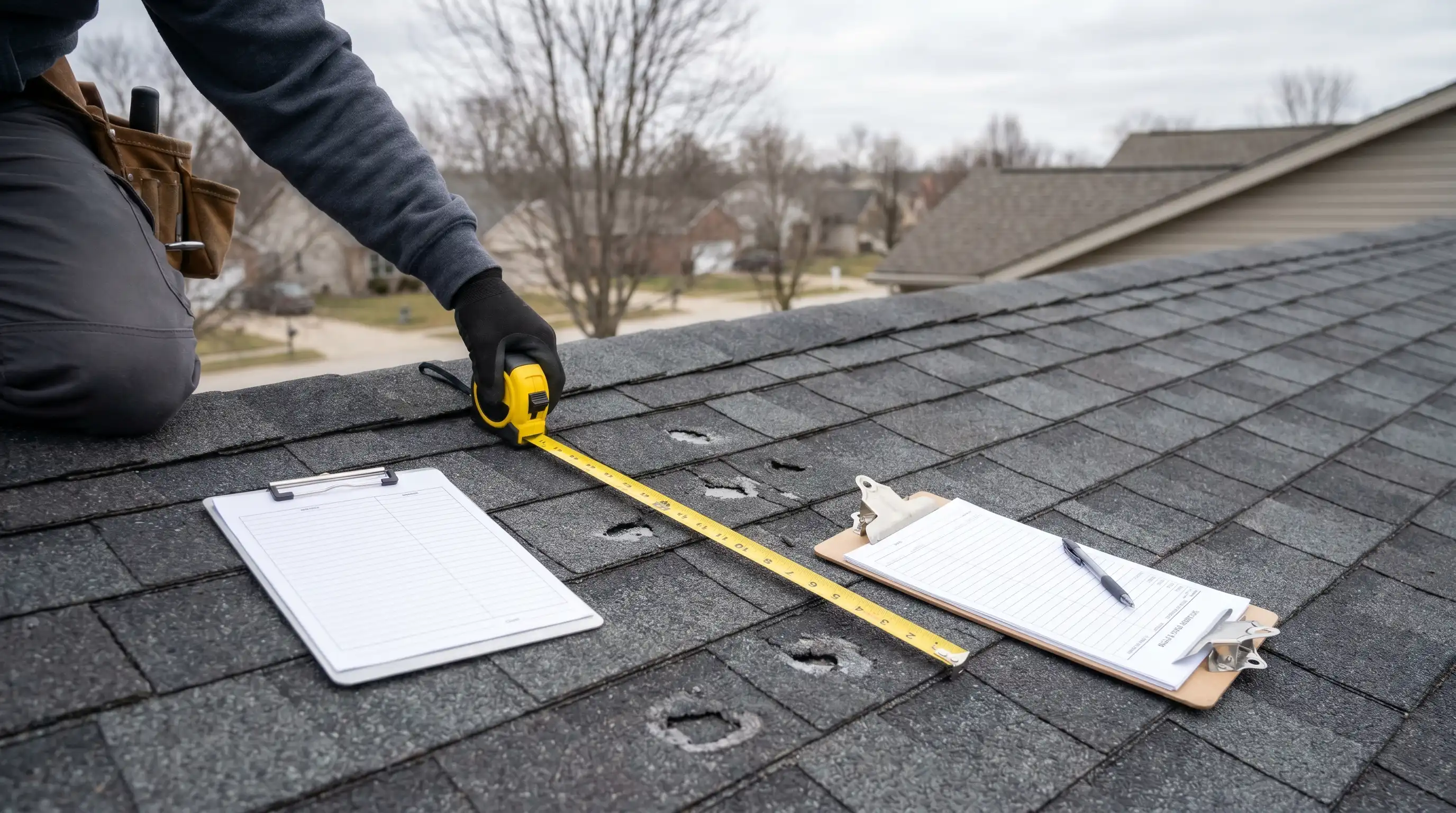 Roofing estimator reviewing hail damage on Bloomington, IN residential roof with insurance form