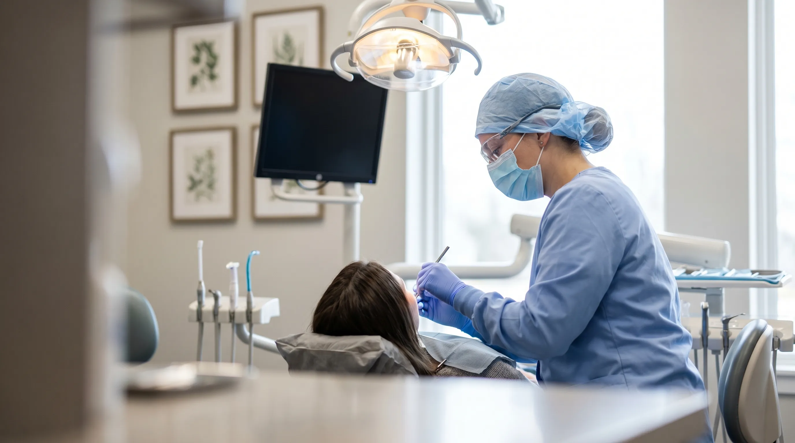 Dental hygienist performing cleaning procedure on patient in Bloomington, IN dental operatory