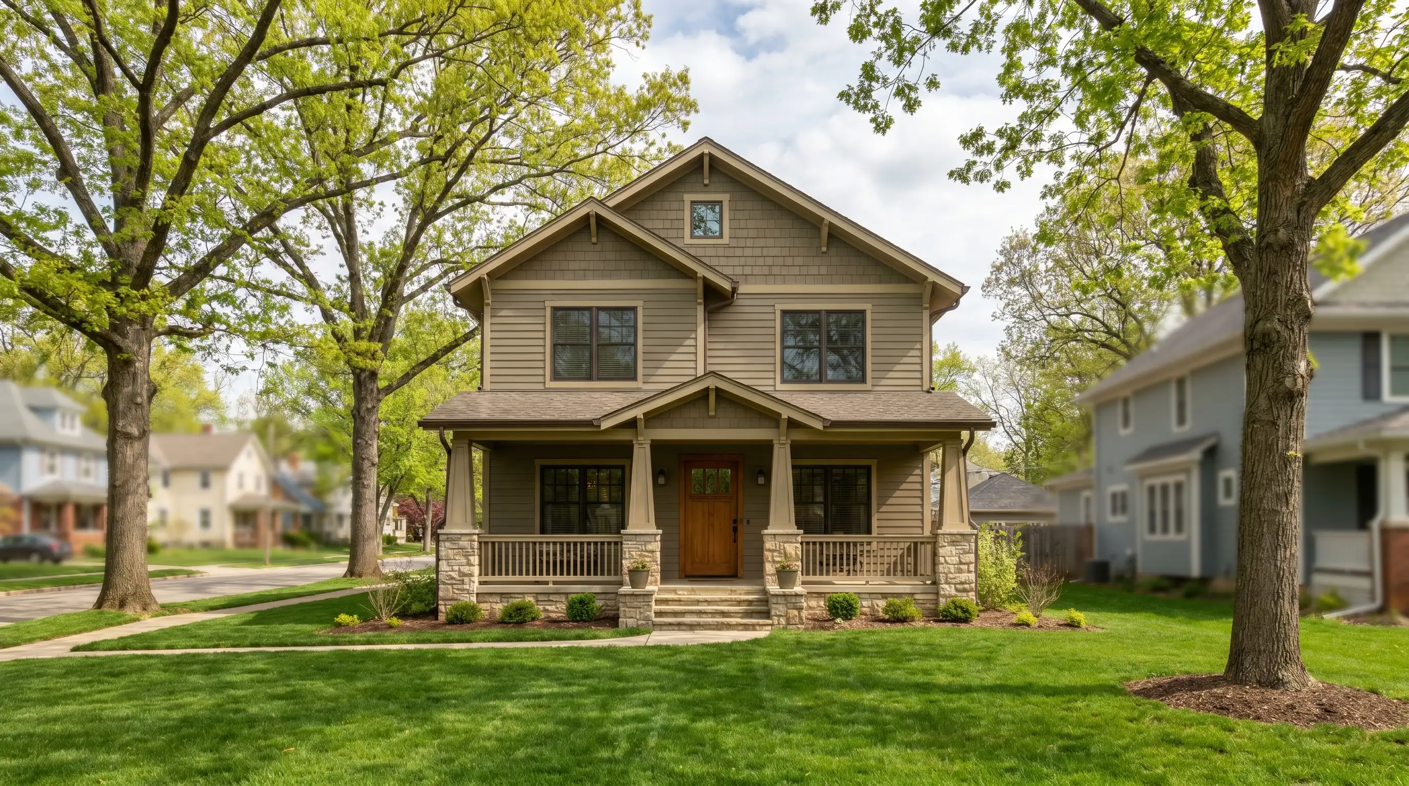 Real estate agent and buyers approaching craftsman home for sale in Bloomington, IN residential neighborhood