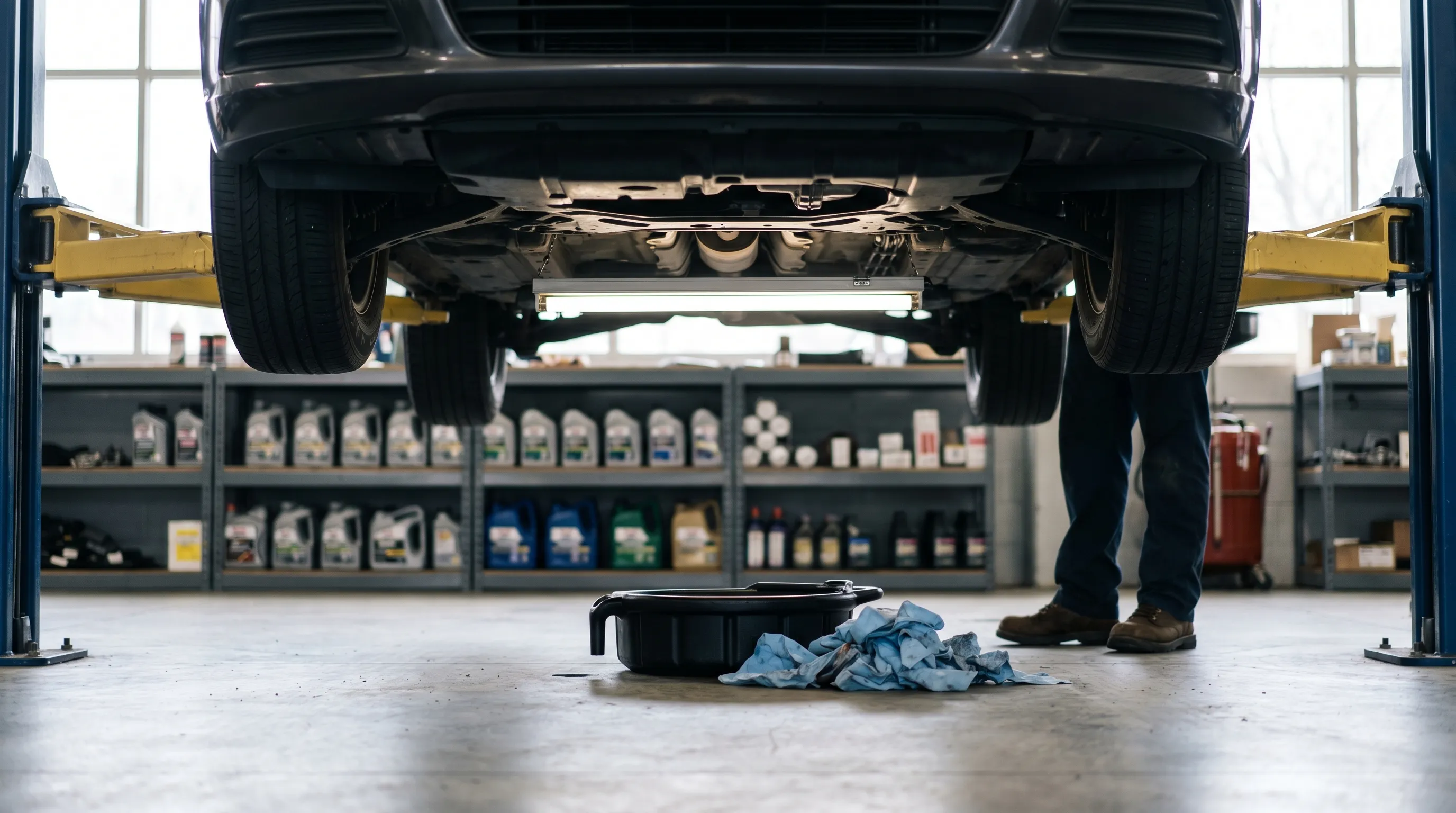Mechanic performing oil change on lifted vehicle in Bloomington, IN auto repair shop service bay