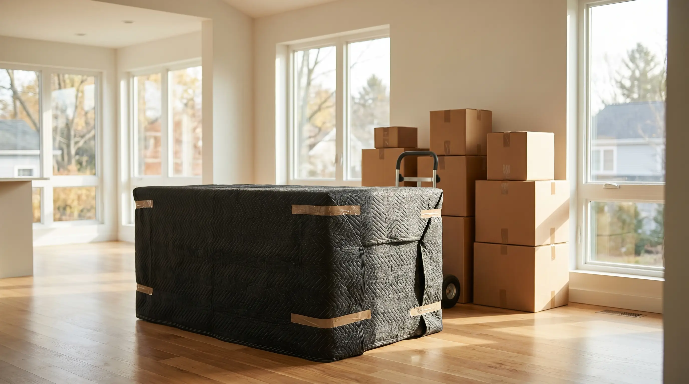 Professional movers carrying wrapped furniture from Bloomington, IN craftsman home to branded moving truck