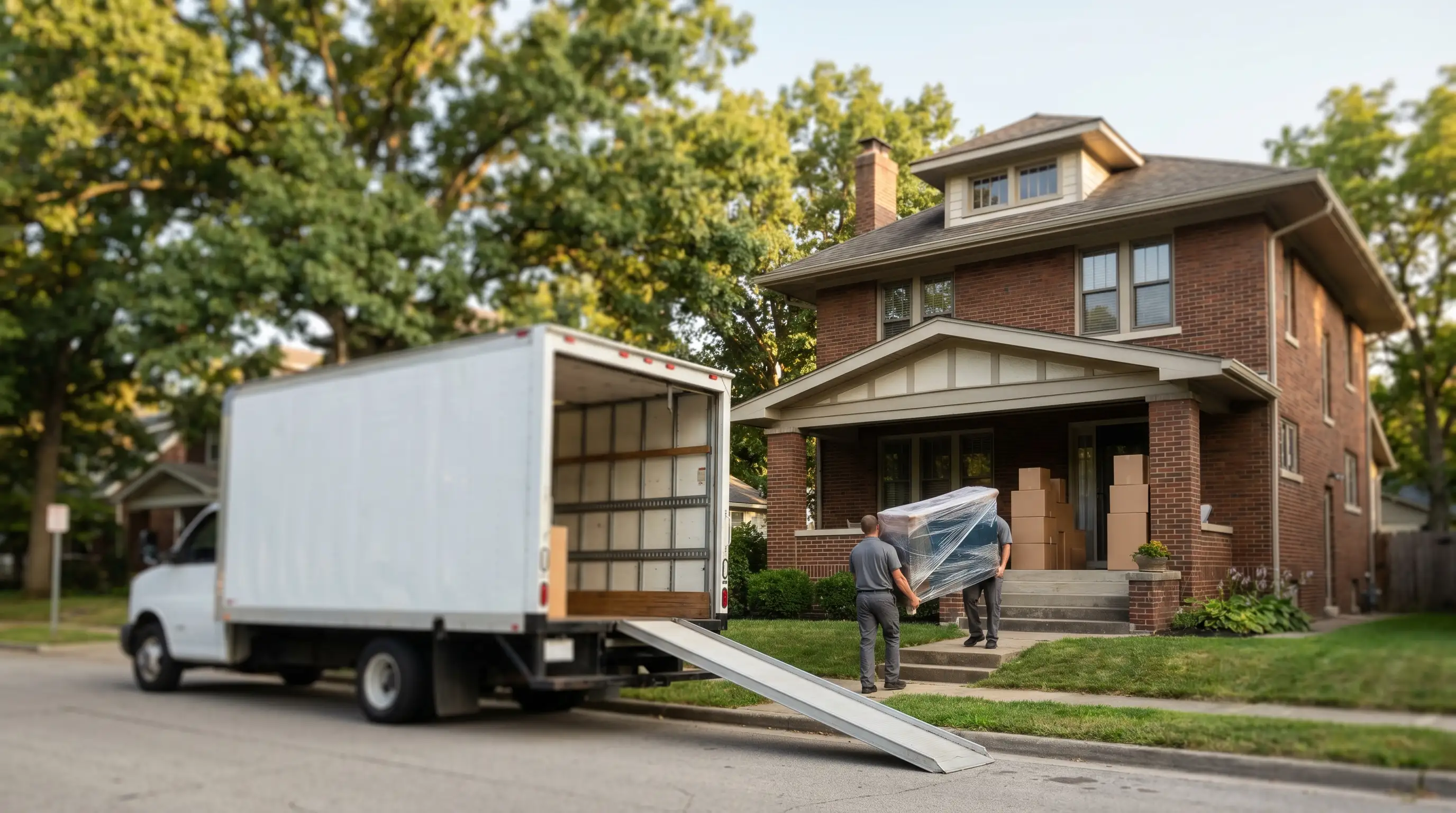 Professional movers carrying wrapped furniture from Bloomington, IN craftsman home to branded moving truck