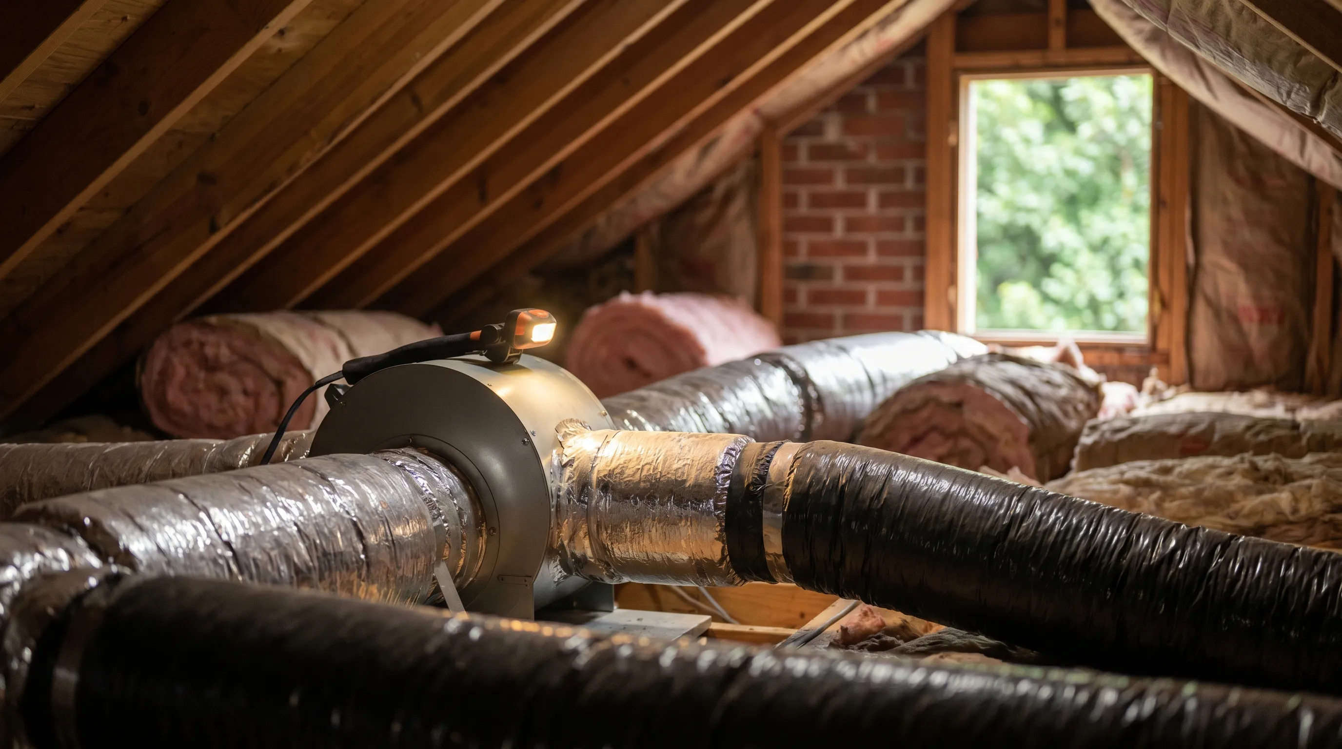 Professional HVAC technician servicing a condenser unit at a red-brick Auburn, AL home in summer heat