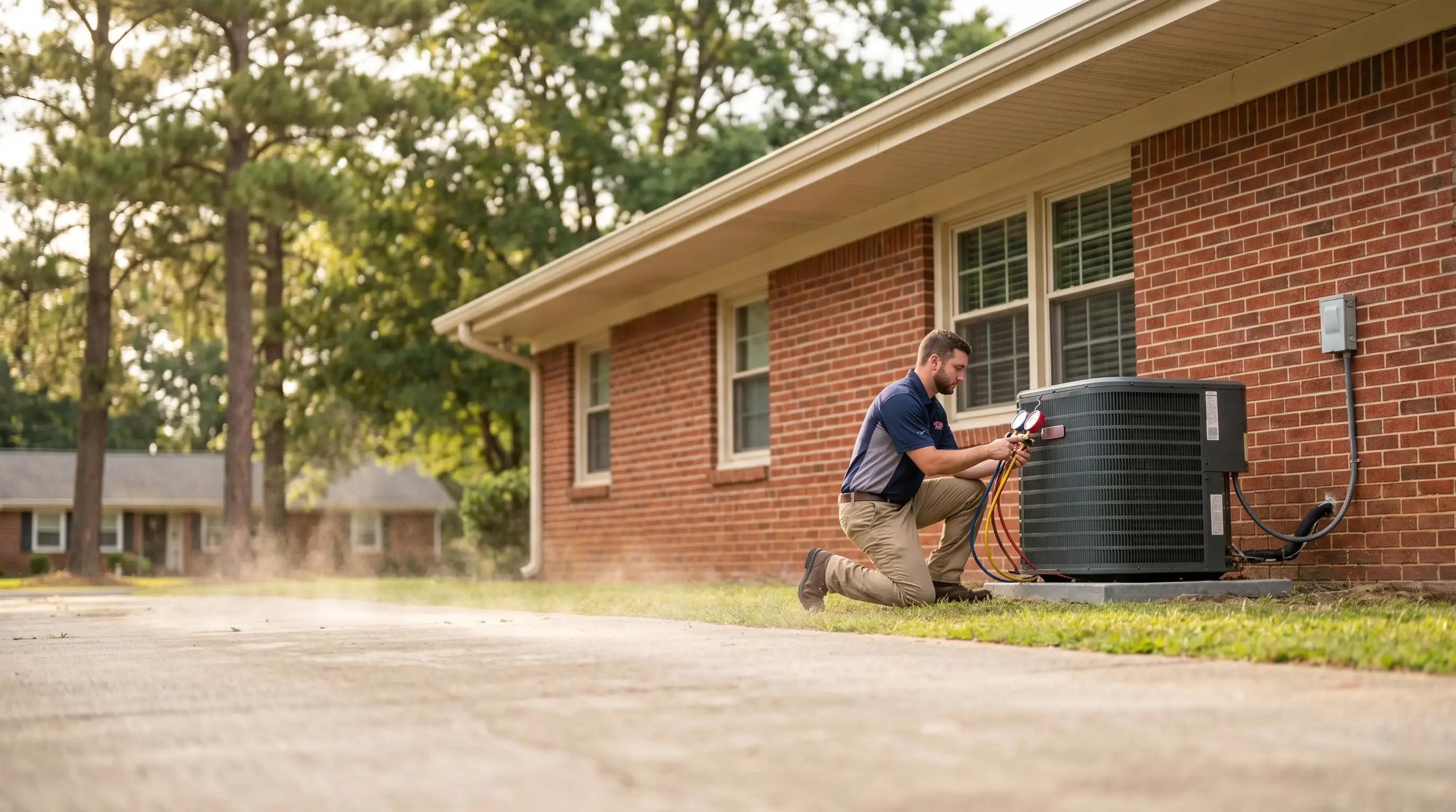 Professional HVAC technician servicing a condenser unit at a red-brick Auburn, AL home in summer heat