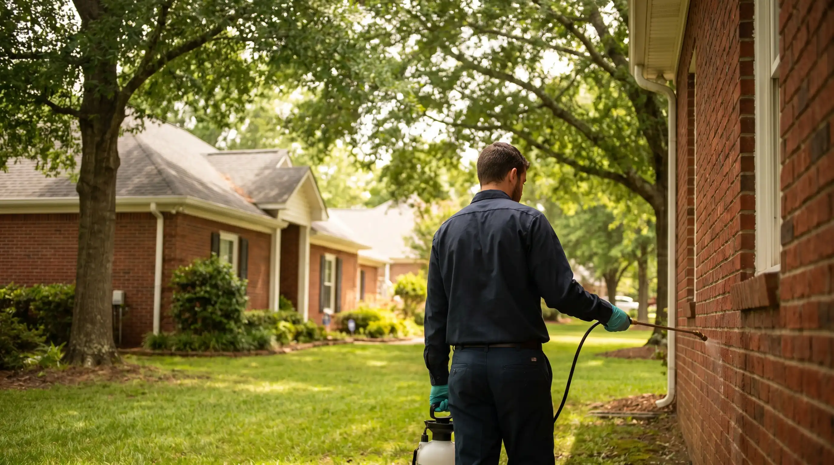 Pest control technician applying treatment along the foundation of a red-brick Auburn, AL home
