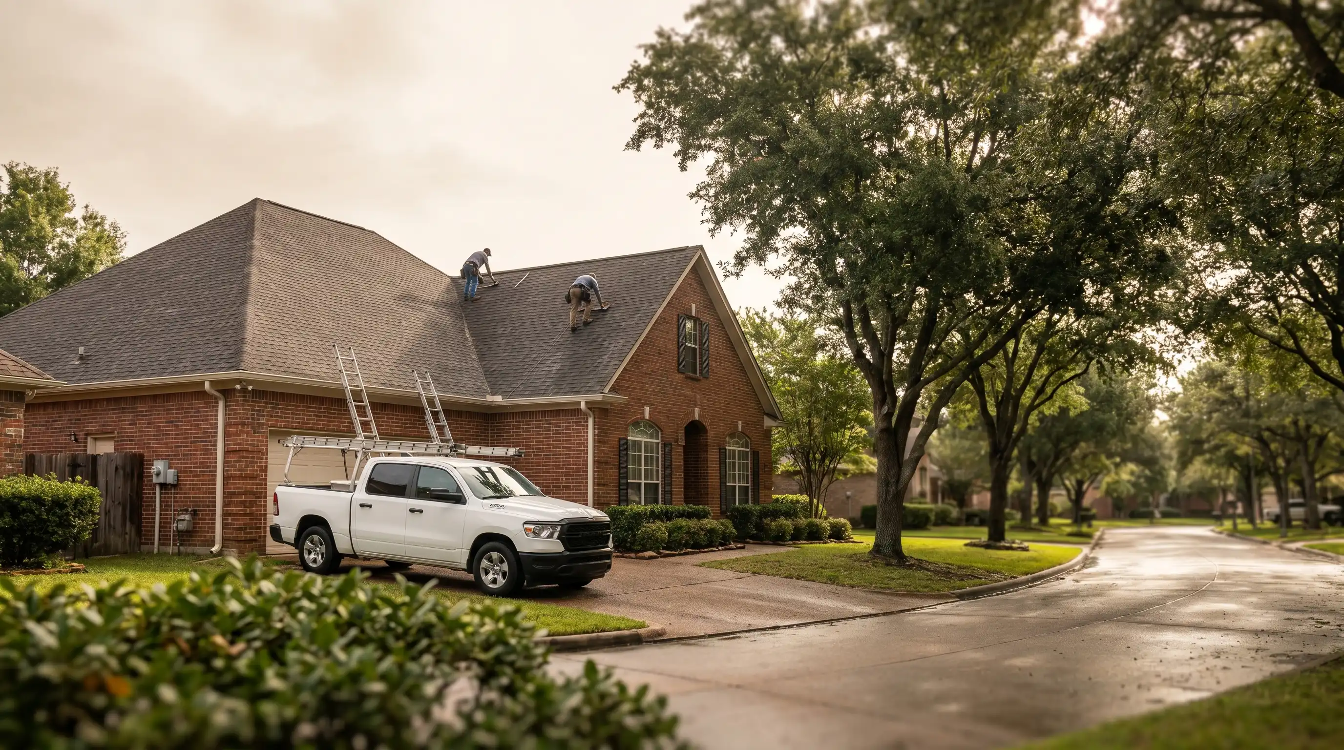 Roofing contractors working on a residential roof in Auburn, AL with a white work truck in the driveway