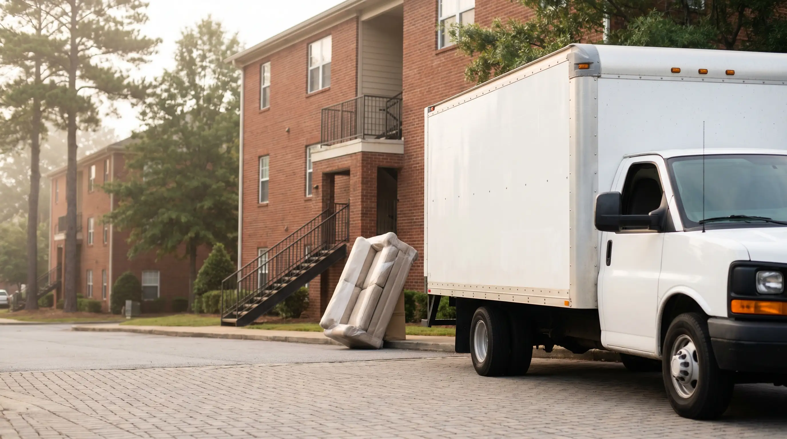 Professional movers carrying furniture into an Auburn, AL apartment complex near campus on a summer morning