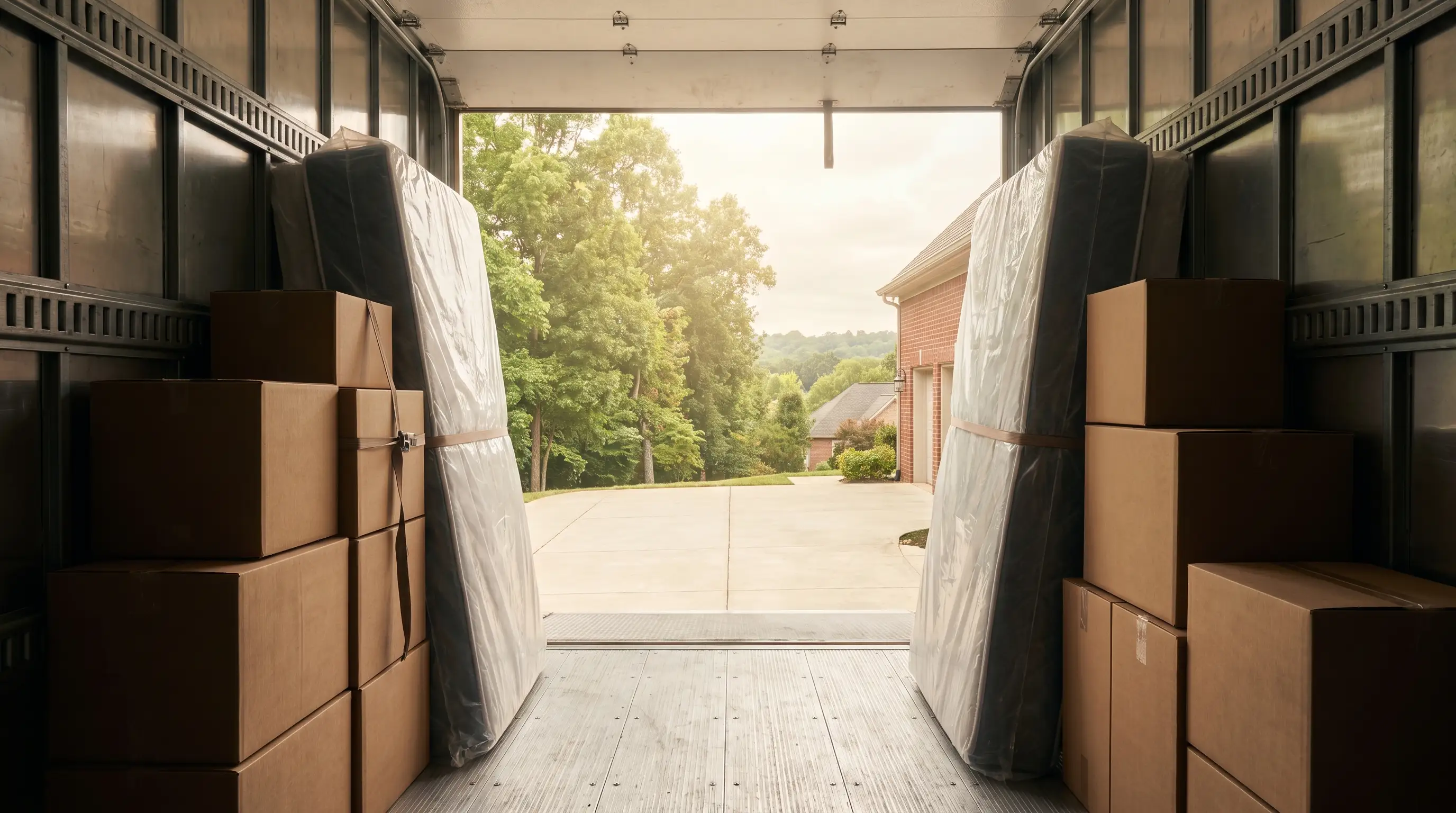 Professional movers carrying furniture into an Auburn, AL apartment complex near campus on a summer morning