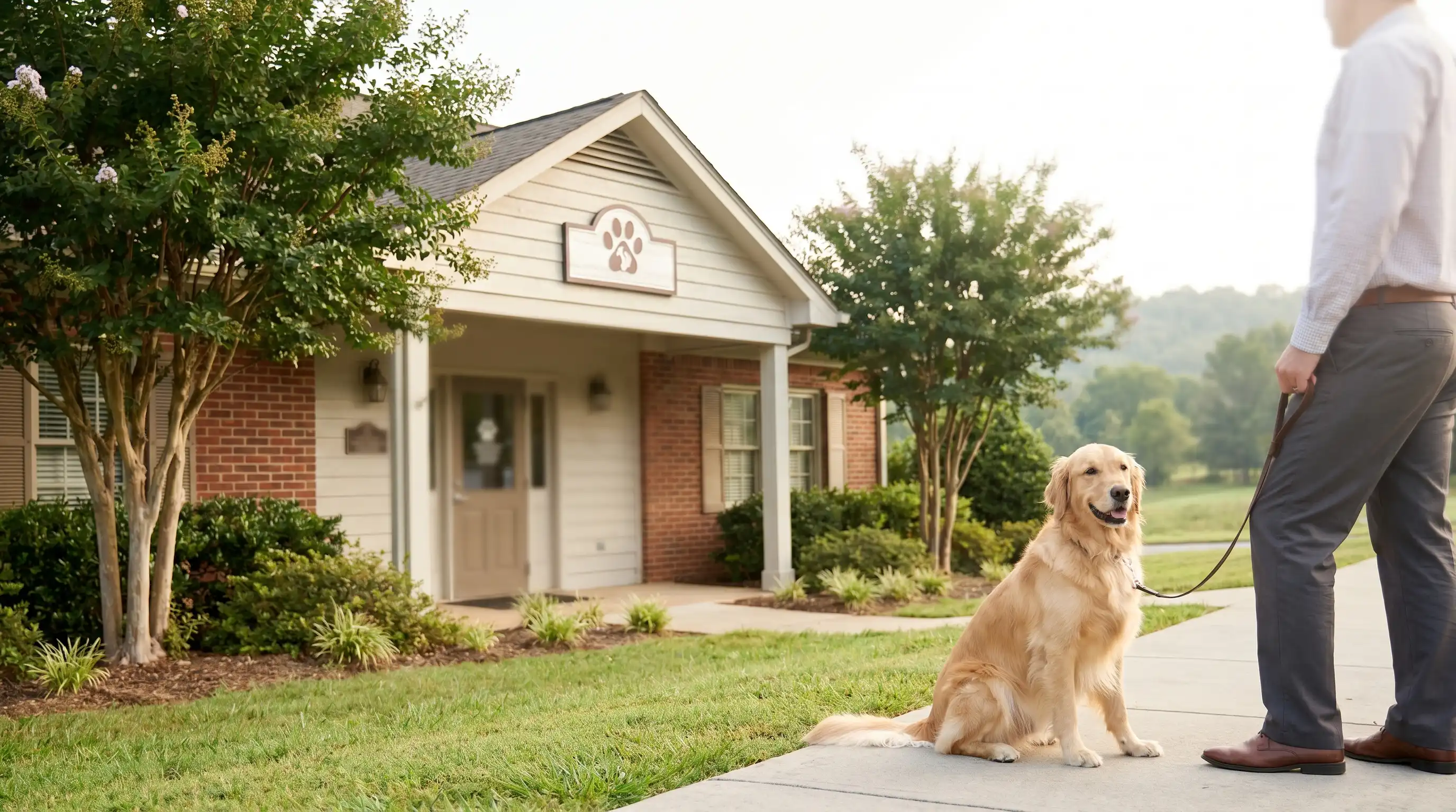 Veterinarian examining a dog in a modern Auburn, AL veterinary clinic examination room with professional care team