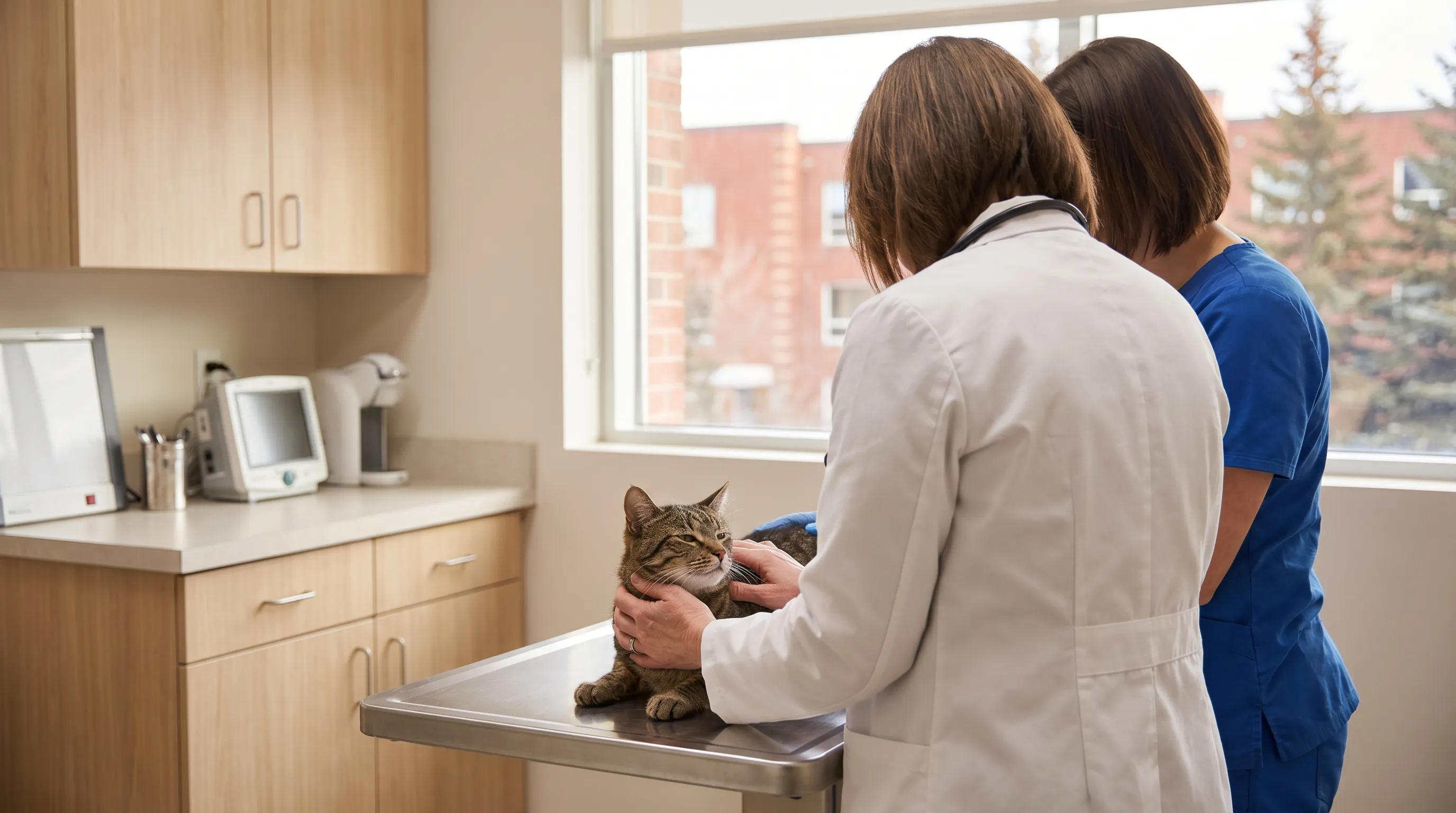 Veterinarian examining a dog in a modern Auburn, AL veterinary clinic examination room with professional care team