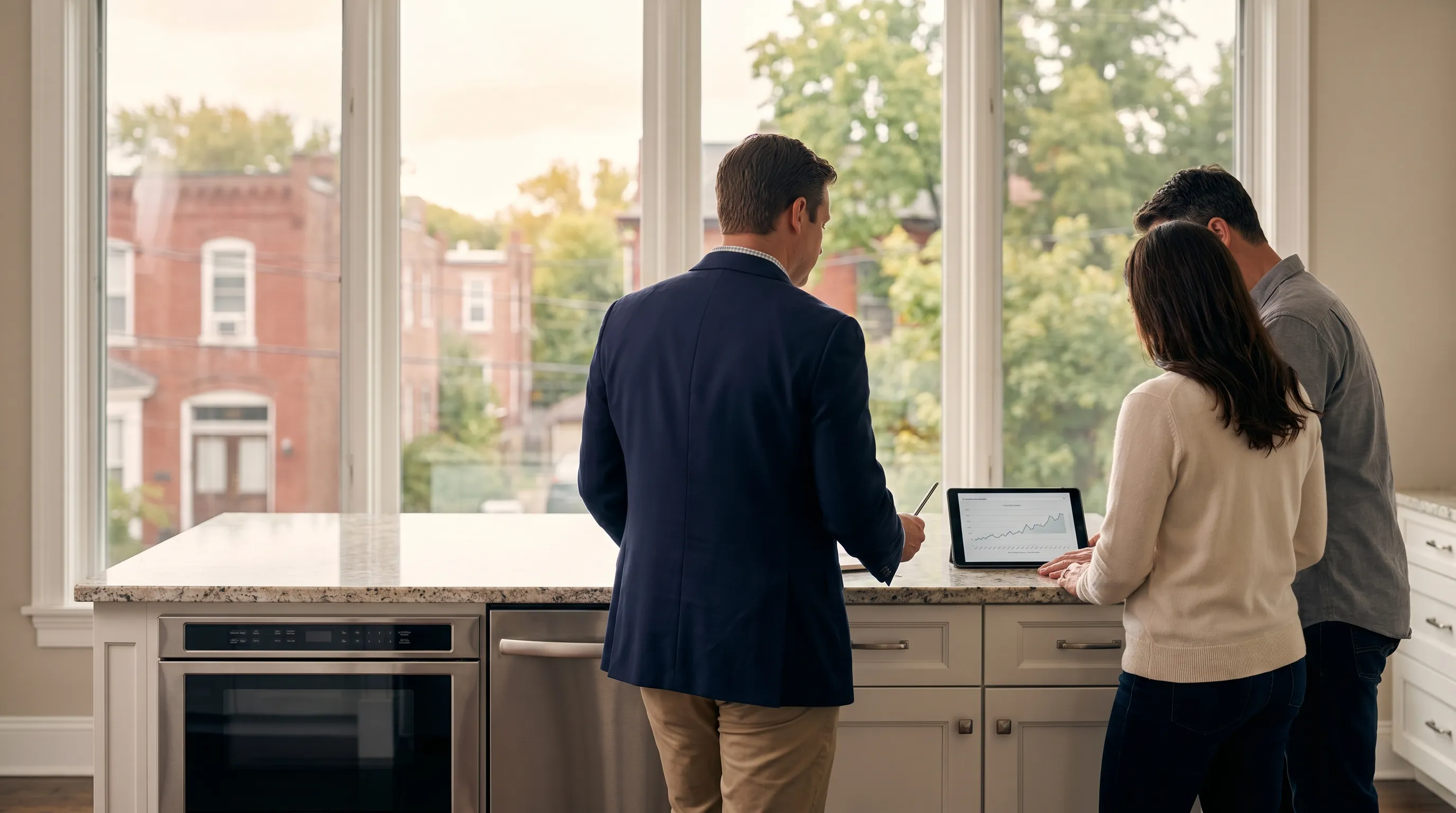 Real estate agent showing a young couple a modern Auburn, AL home interior with granite countertops and natural lighting