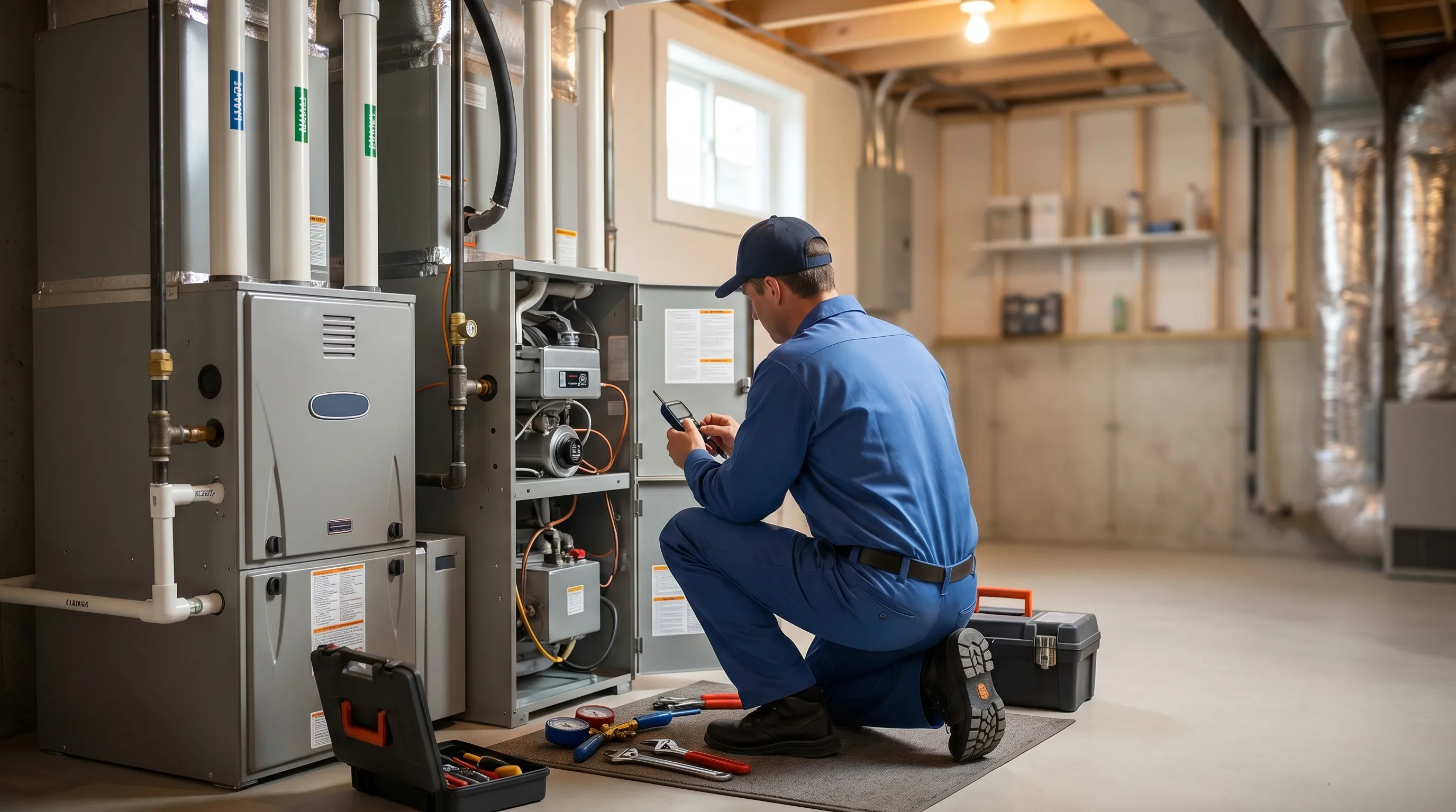Professional HVAC technician servicing a central air conditioning unit at a colonial home in Frederick, MD