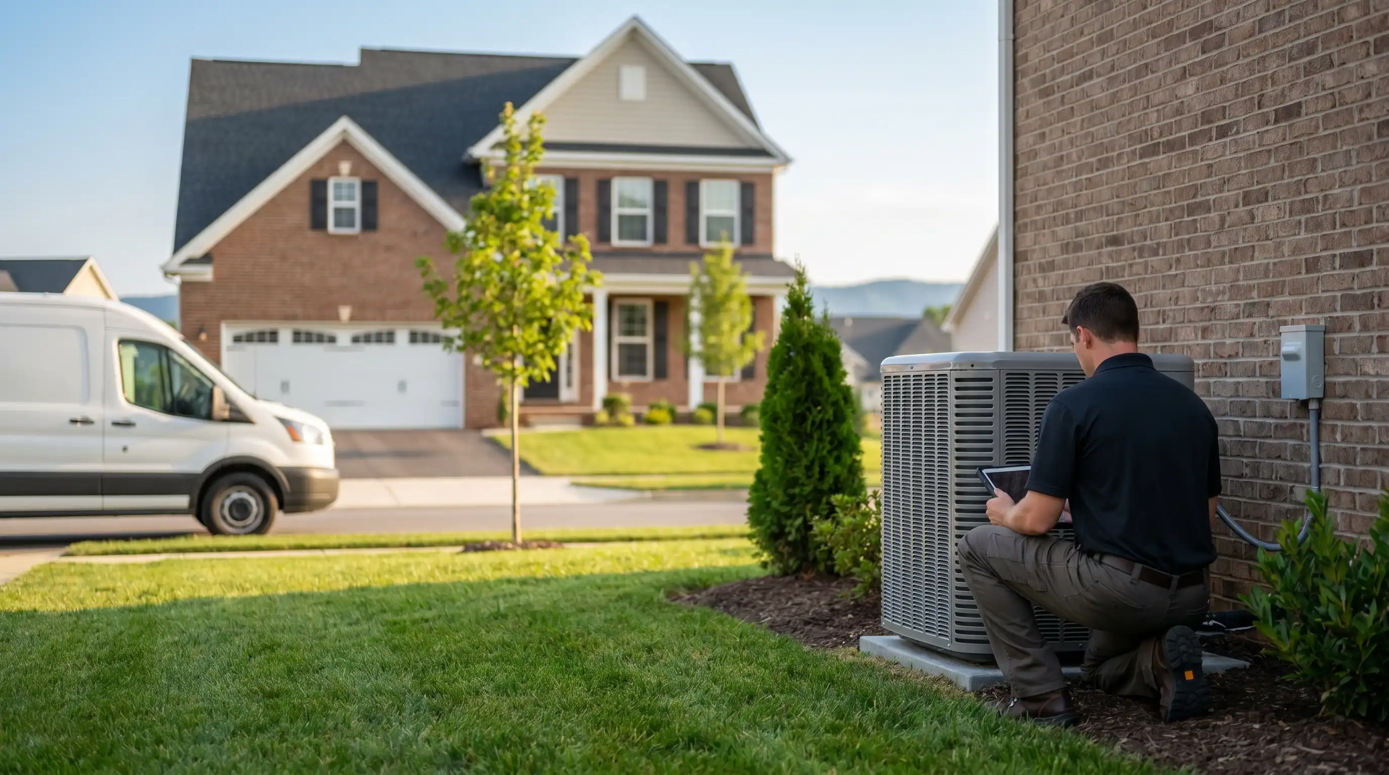 Professional HVAC technician servicing a central air conditioning unit at a colonial home in Frederick, MD