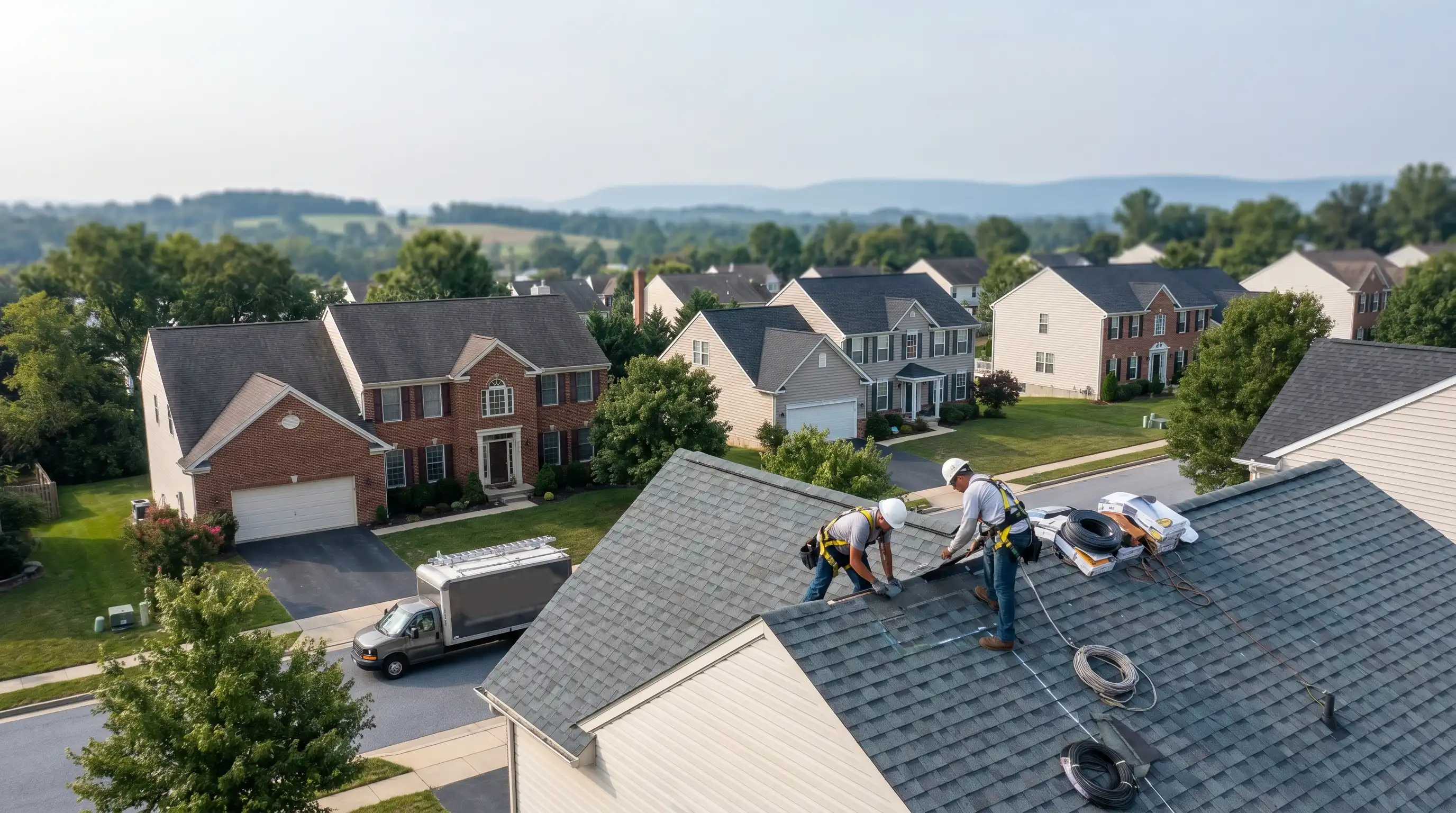 Professional roofing crew installing architectural shingles on a residential roof in Frederick, MD with Catoctin Mountain visible in the background