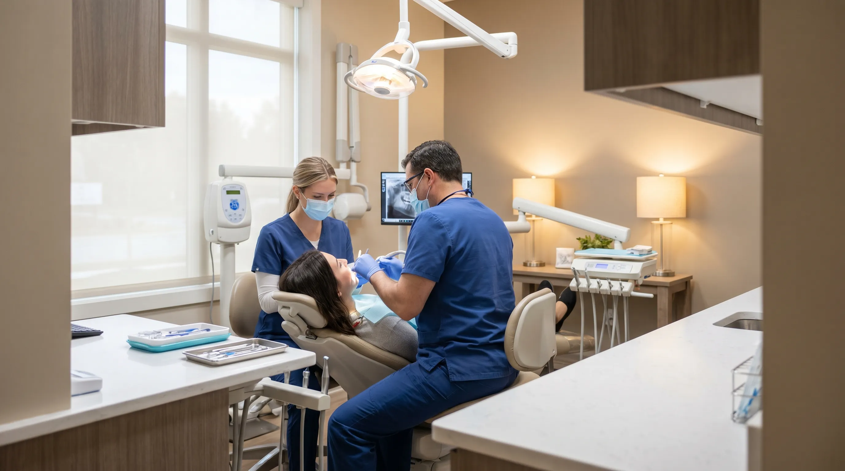Modern dental practice interior in Frederick, MD with dentist and hygienist collaborating during a patient appointment in a well-lit operatory