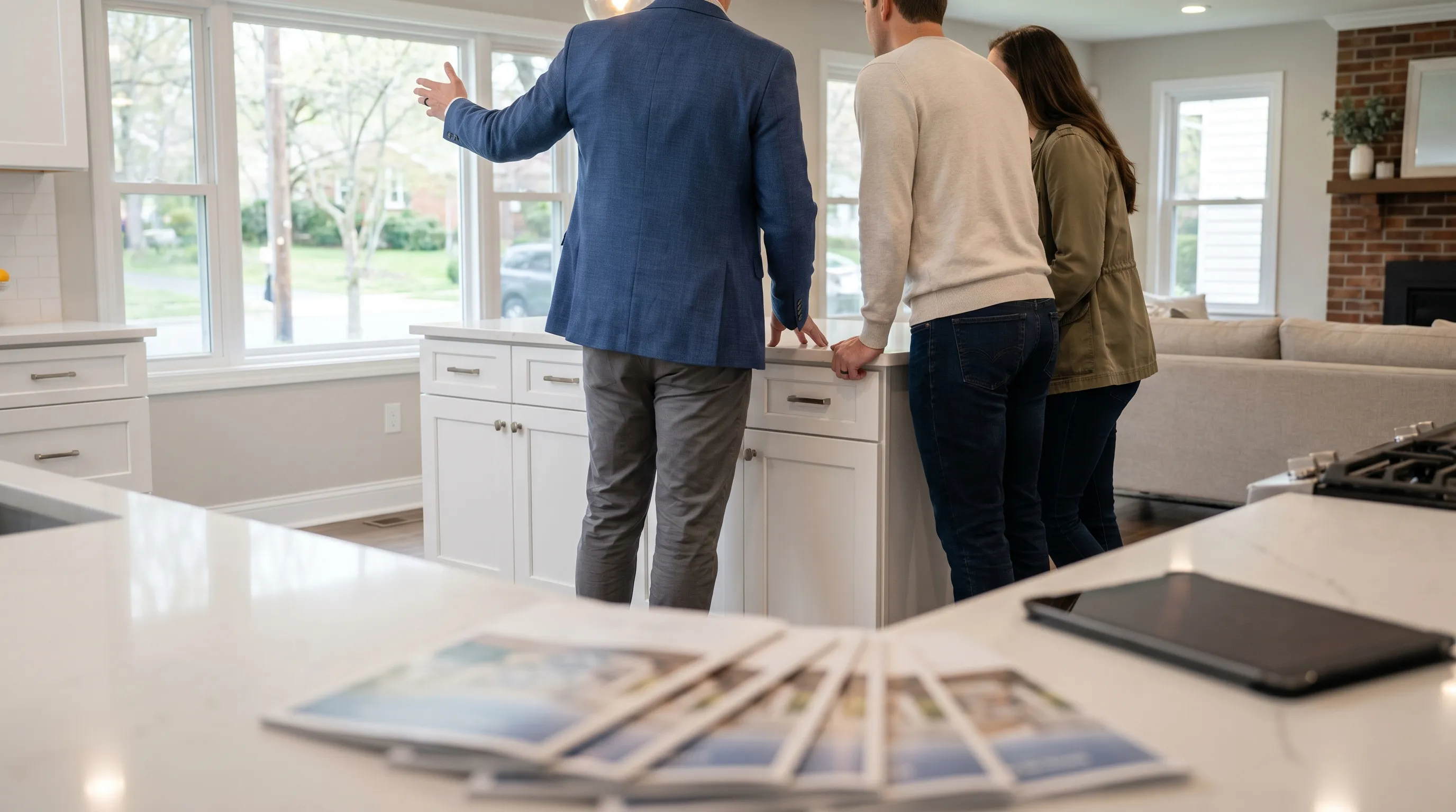 Real estate agent showing a beautifully staged colonial home to a professional couple in a sun-filled modern kitchen in Frederick, MD