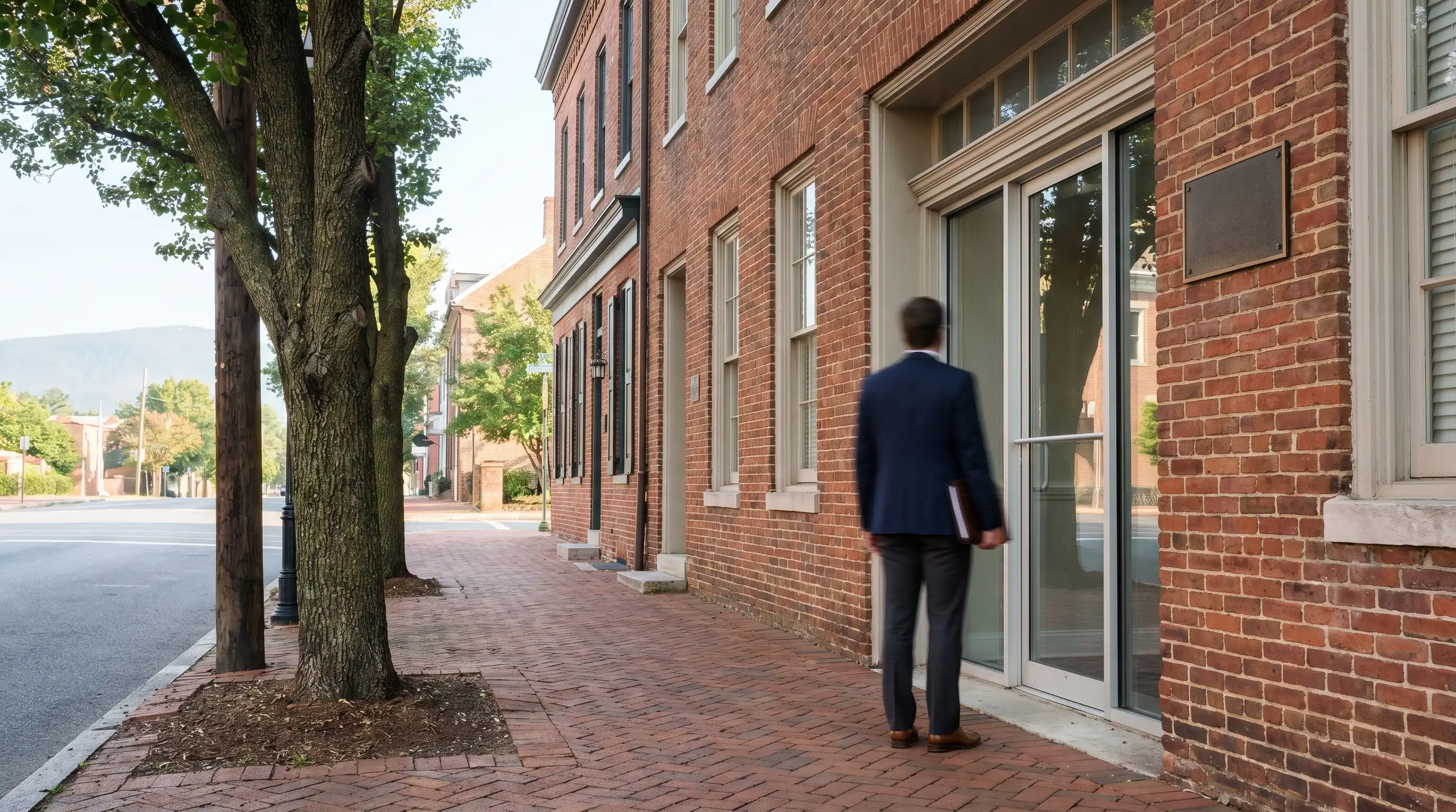 Professional law office exterior in Frederick MD historic district with attorney at entrance